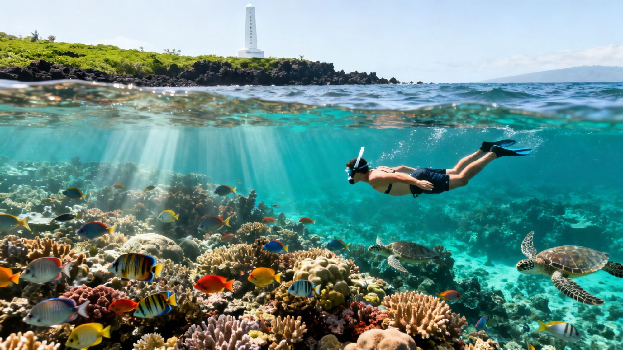 Person snorkeling over colorful coral reef with fish and turtle, lighthouse on shore.