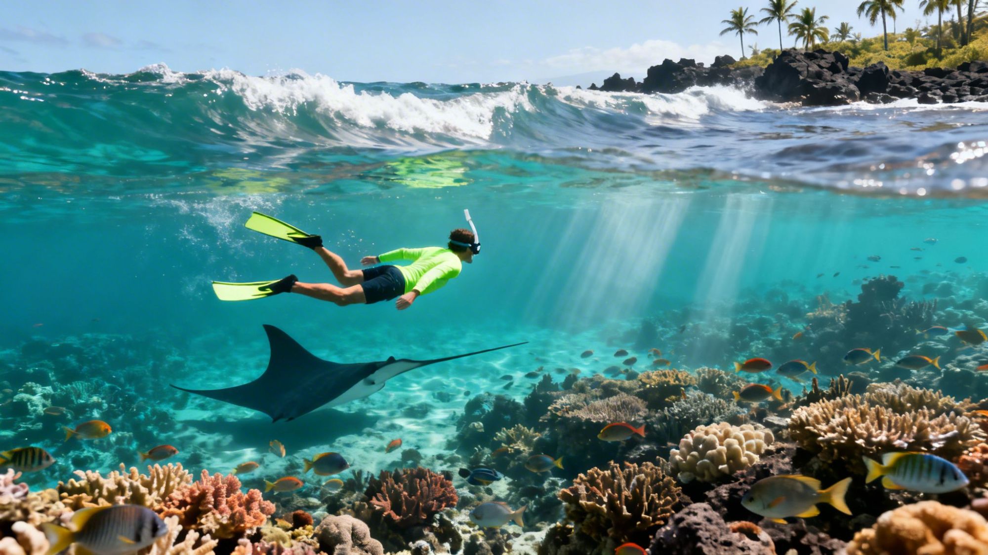 Snorkeler swims above coral reef with manta ray and colorful fish under clear blue water.