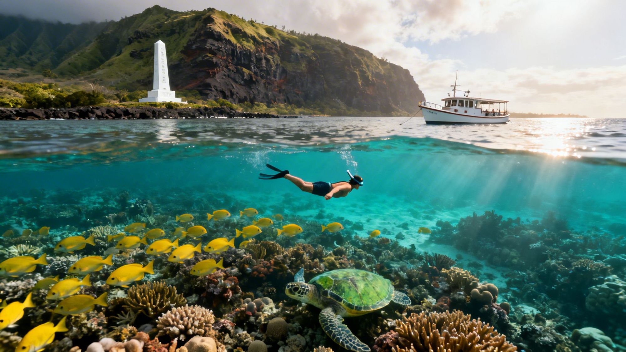 Snorkeler swimming over coral reef with fish, a turtle, and a boat on the surface near a coastal monument.