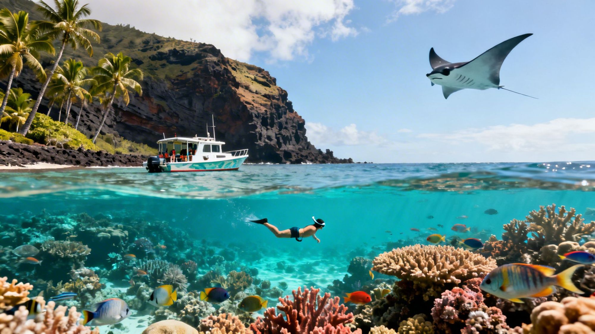 Tropical seascape with snorkeler, coral reef, boat, and flying manta ray under a partly cloudy sky.