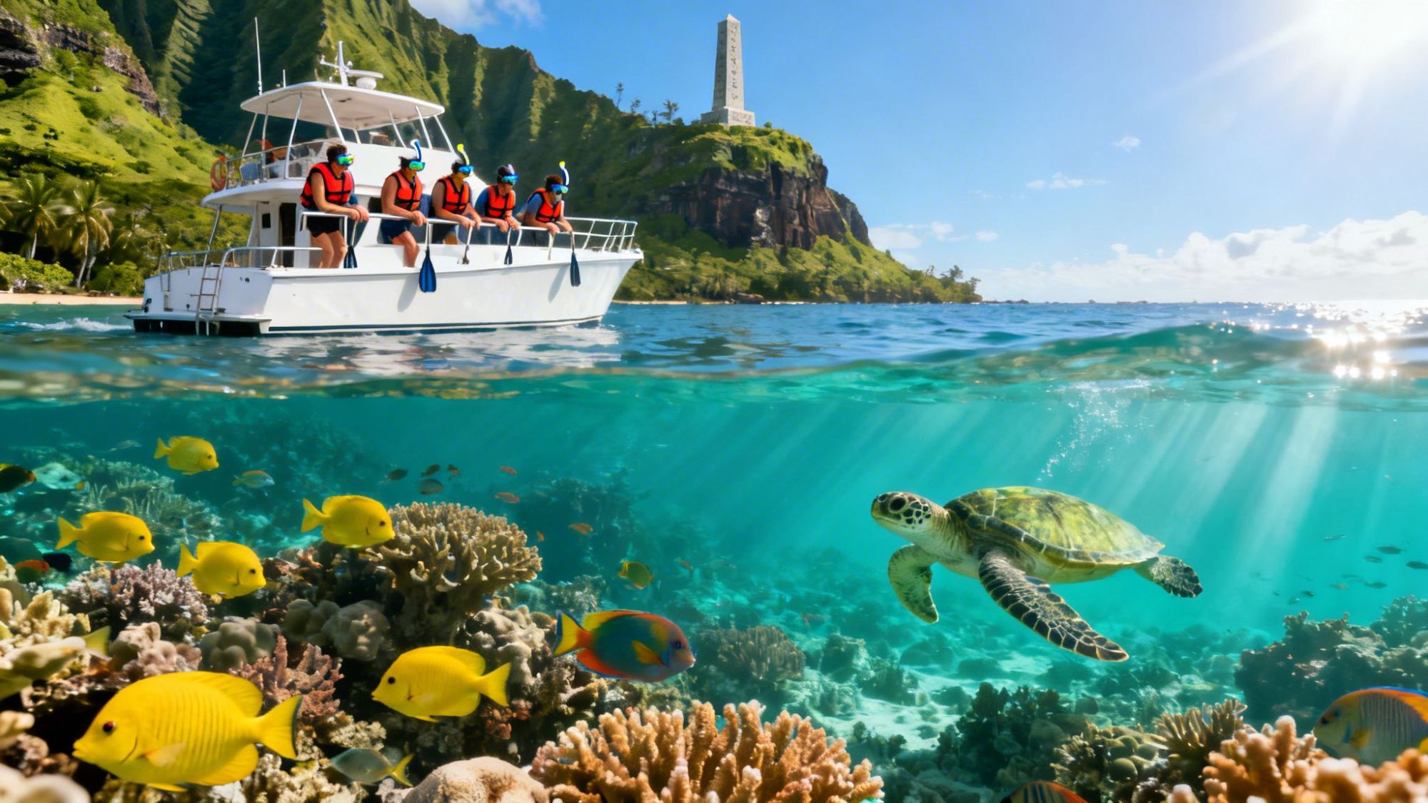 Snorkelers on boat with coral reef, sea turtle, and tropical fish below, lush island in background.
