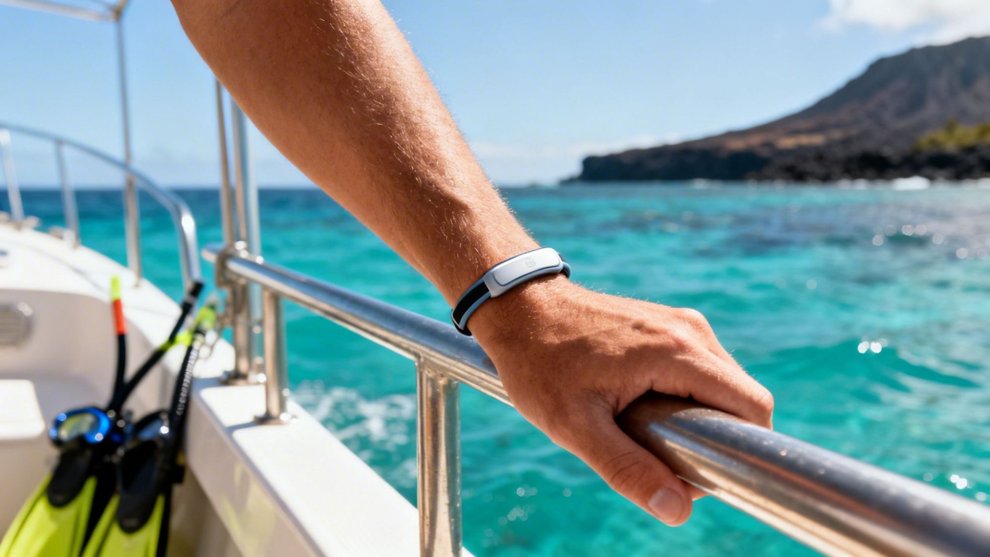 Person's hand holding boat railing with ocean and snorkel gear in background.