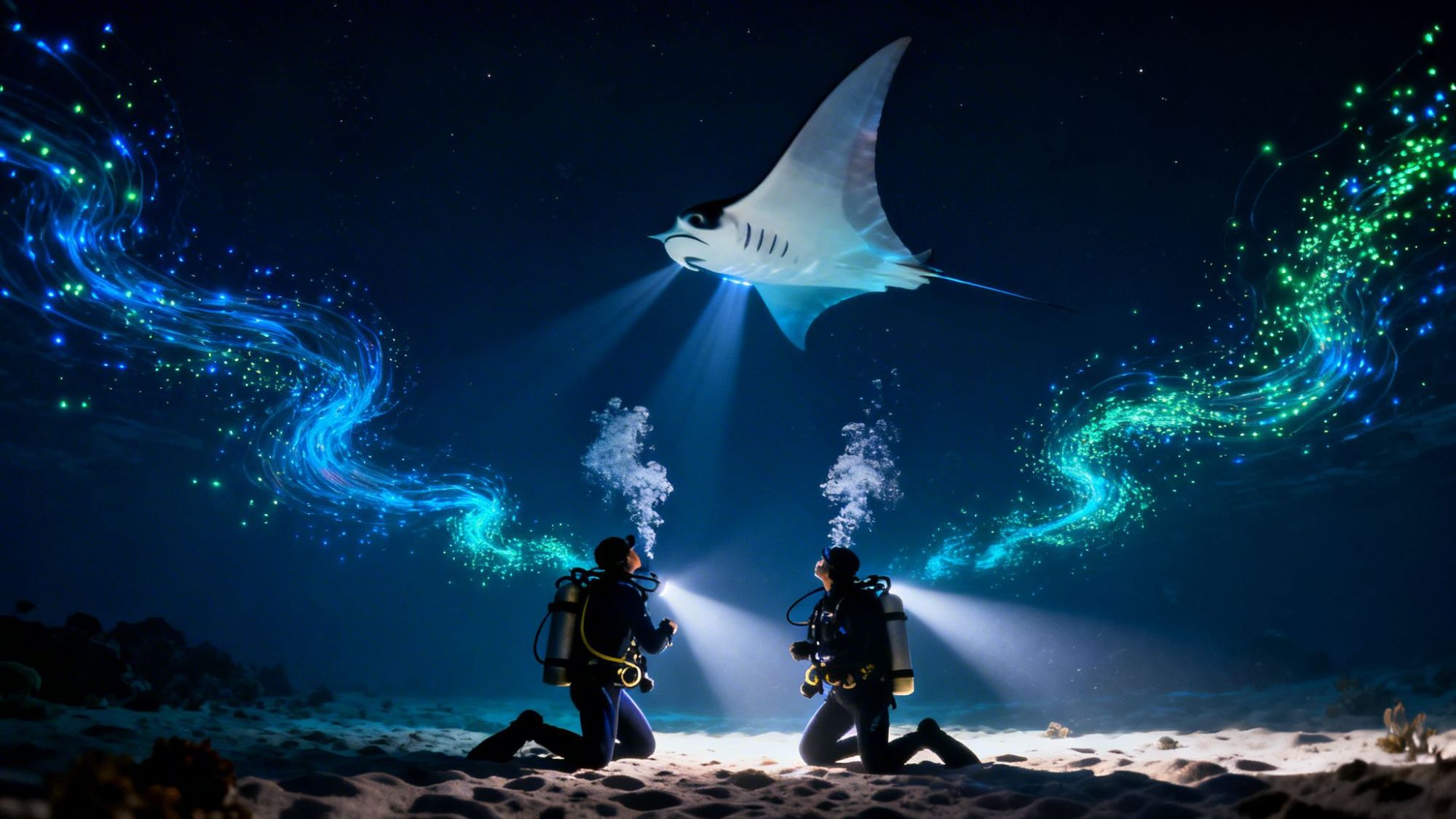 Two divers with flashlights beneath a manta ray surrounded by glowing blue and green underwater swirls.