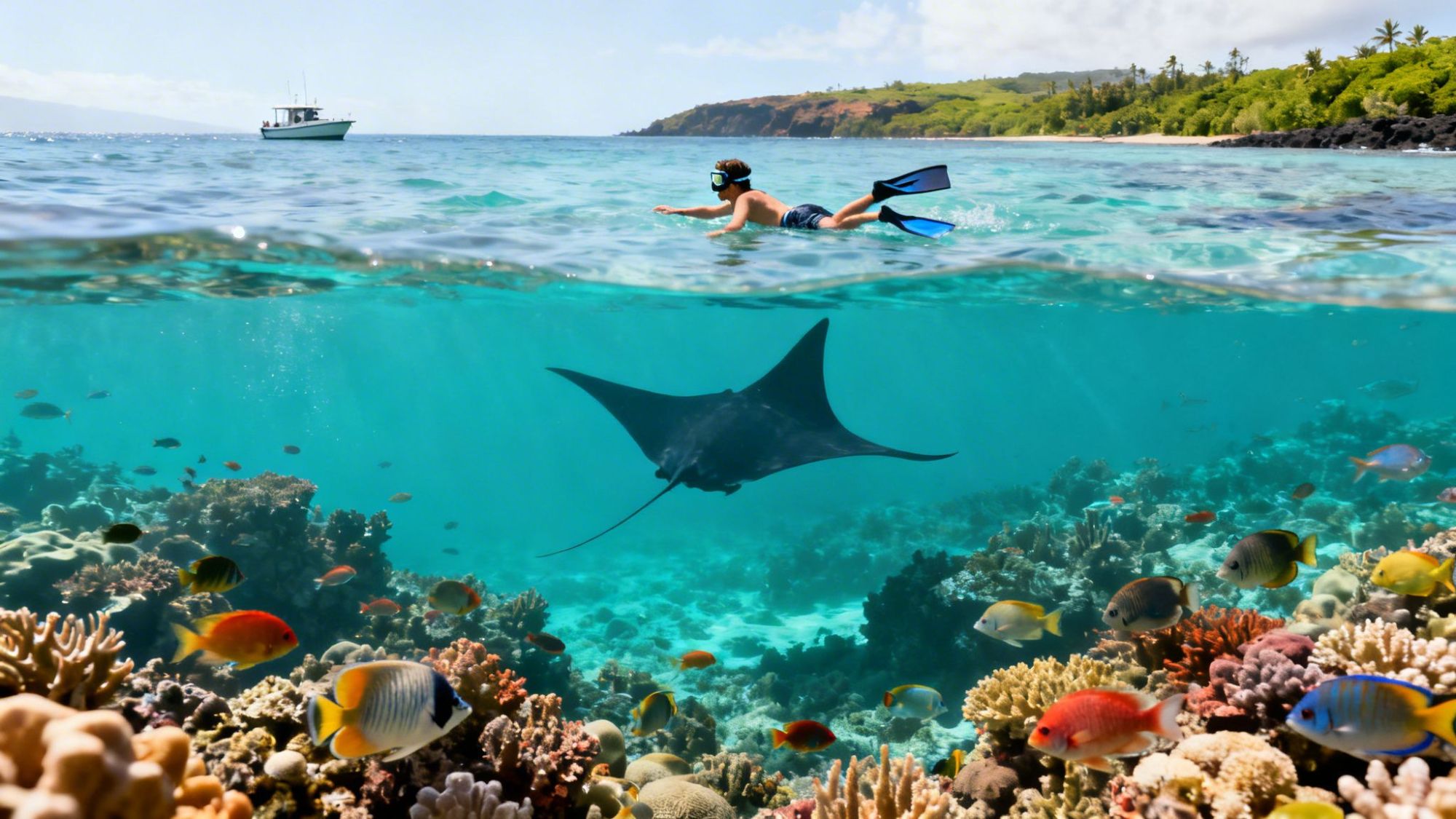Snorkeler above ocean with manta ray, colorful fish, coral below; boat and island in background.