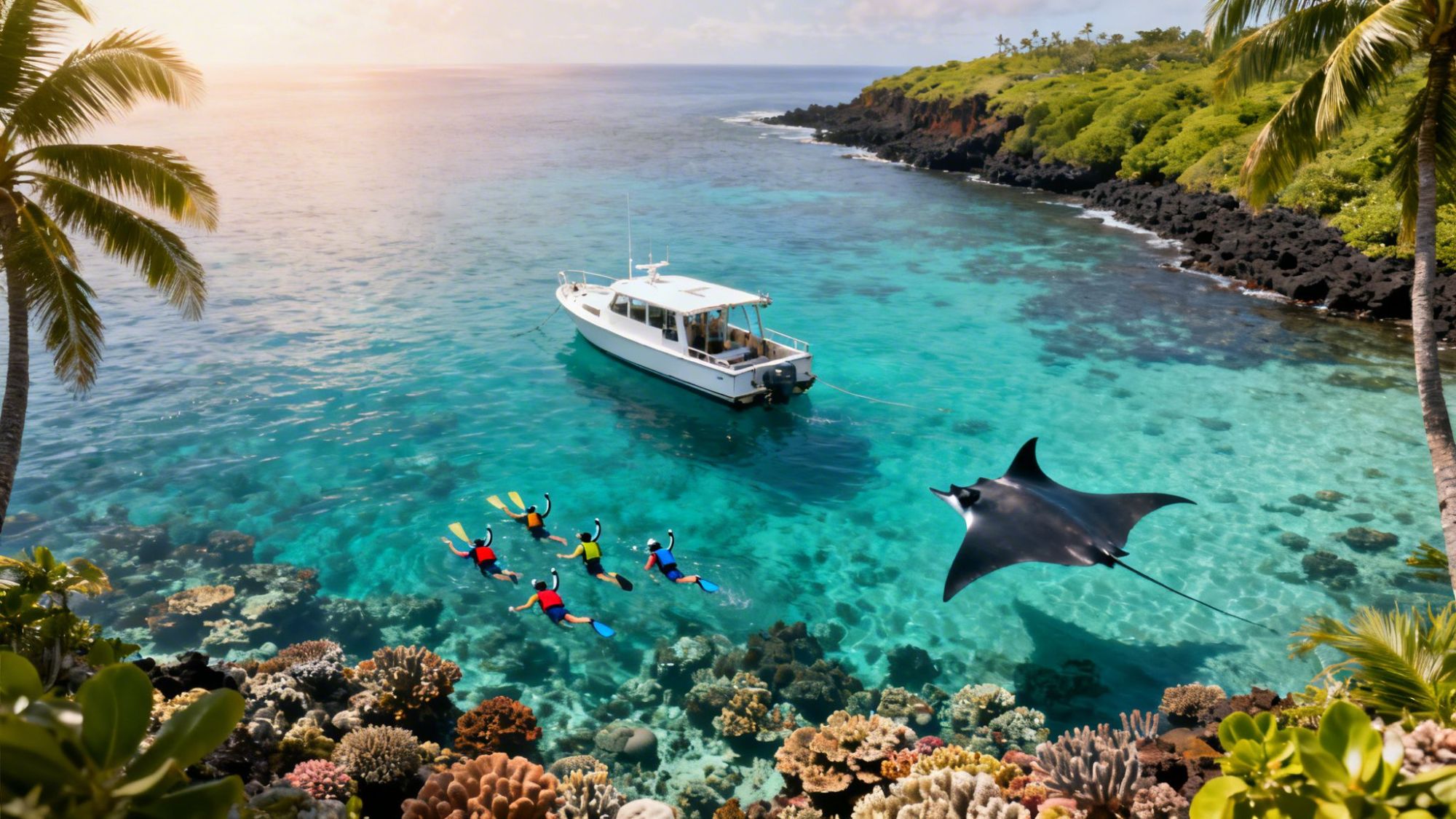 Snorkelers, a boat, and a manta ray in clear, tropical water with coral reef and palm trees.