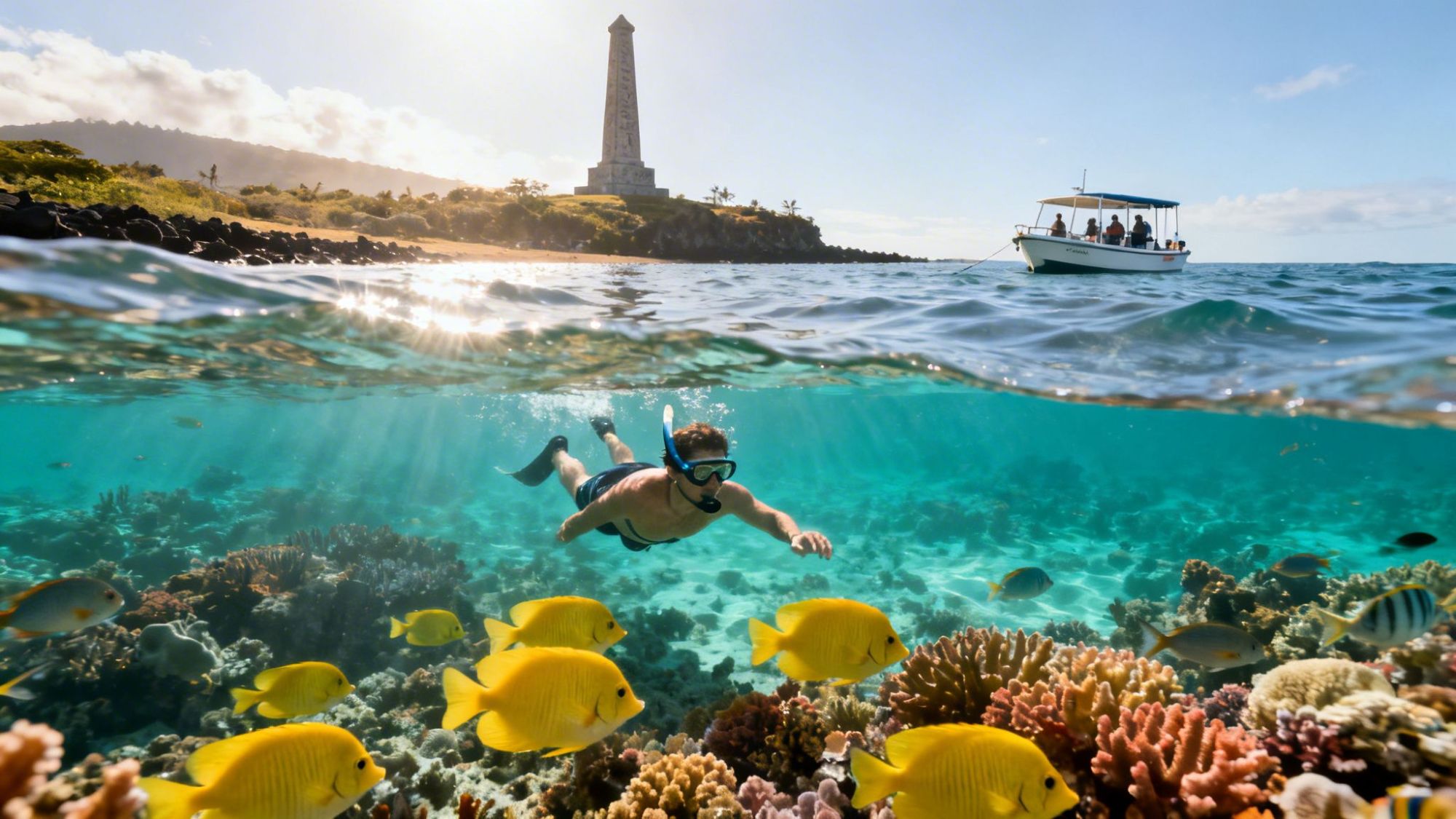 Snorkeler underwater with yellow fish and corals, boat and monument in background.