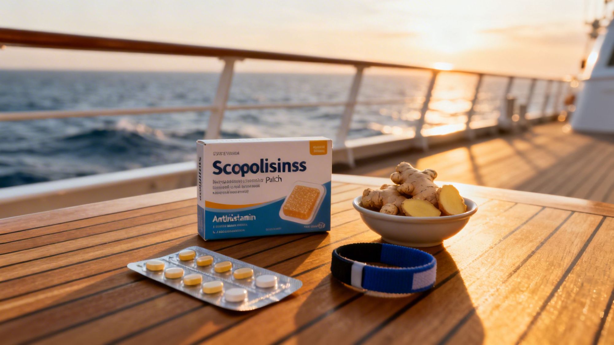 Seasickness remedies on a table: ginger, wristband, pills, and Scopolisins patch, with ocean view.