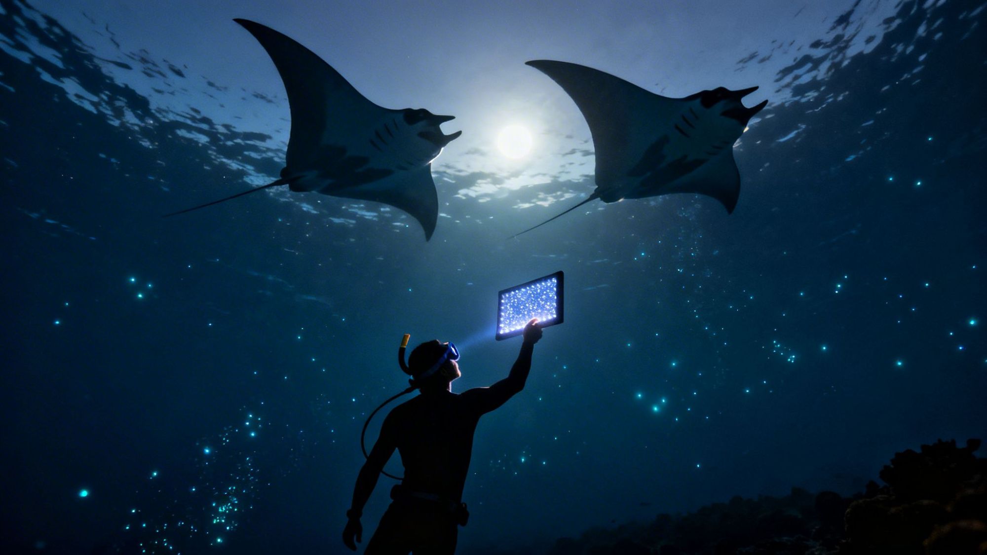 Scuba diver under moonlit water holding tablet, observing two manta rays.