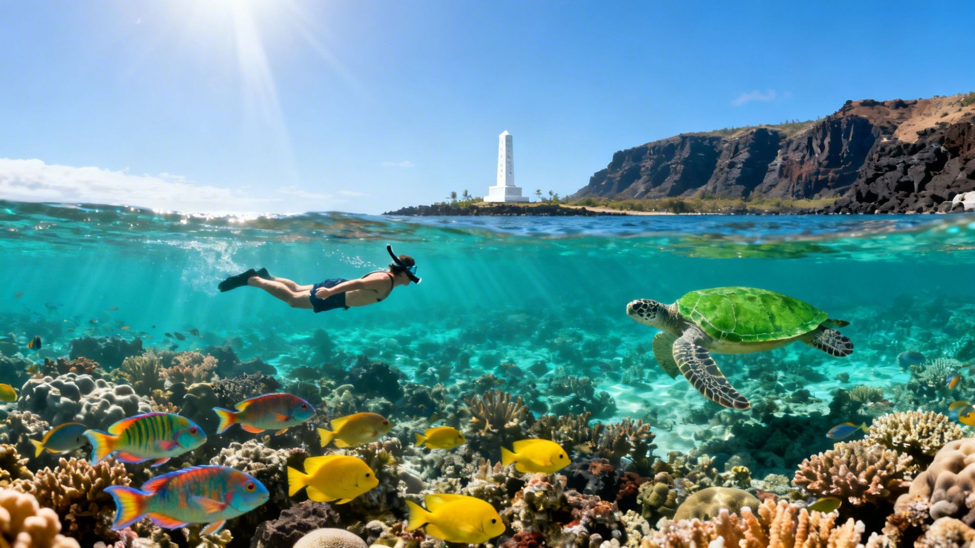 Snorkeler and sea turtle swim over colorful coral reef with tropical fish.