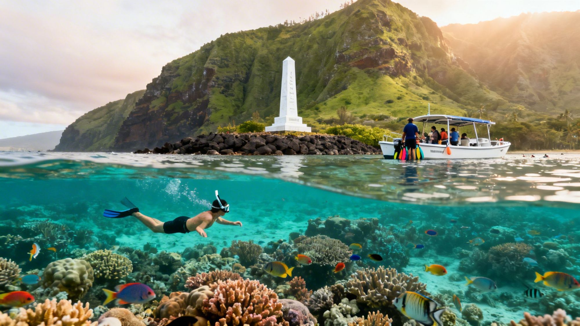 Snorkeler near coral reef, with a boat, monument, and lush cliffs in the background.
