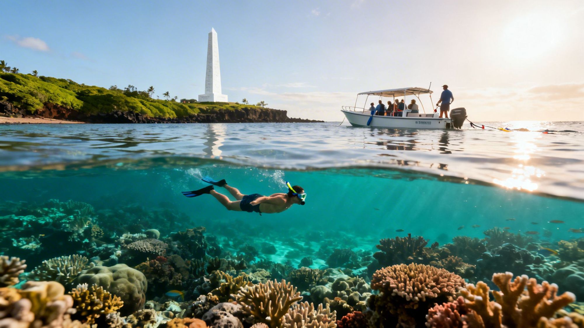 Snorkeler underwater with coral reef, boat above, and distant monument on shore at sunset.