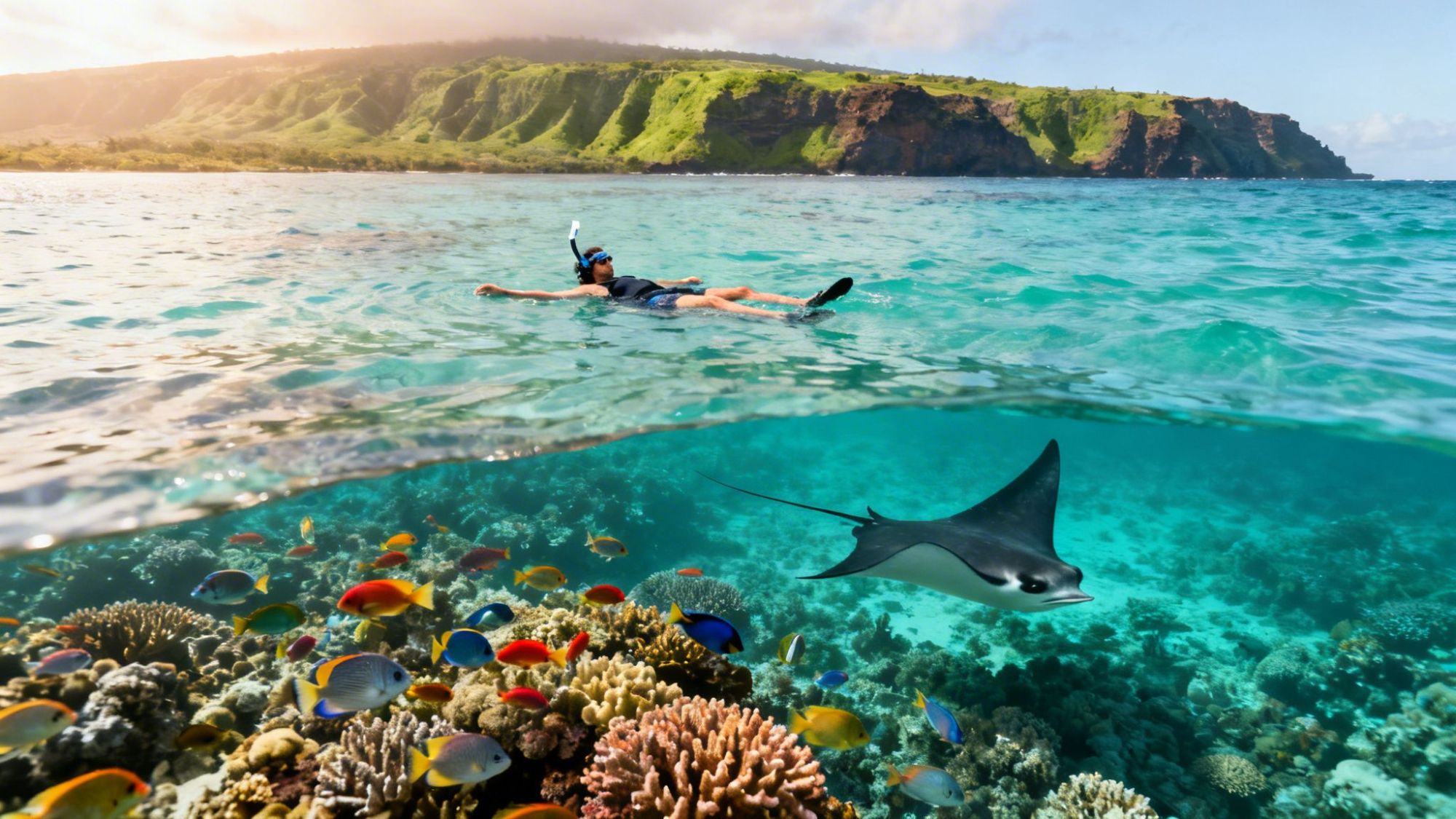 Person snorkeling over coral reef with colorful fish and a manta ray, near a green cliff.