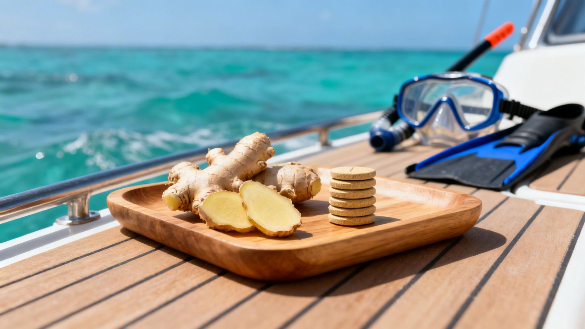 Ginger and cookies on boat deck with snorkeling gear by turquoise sea.