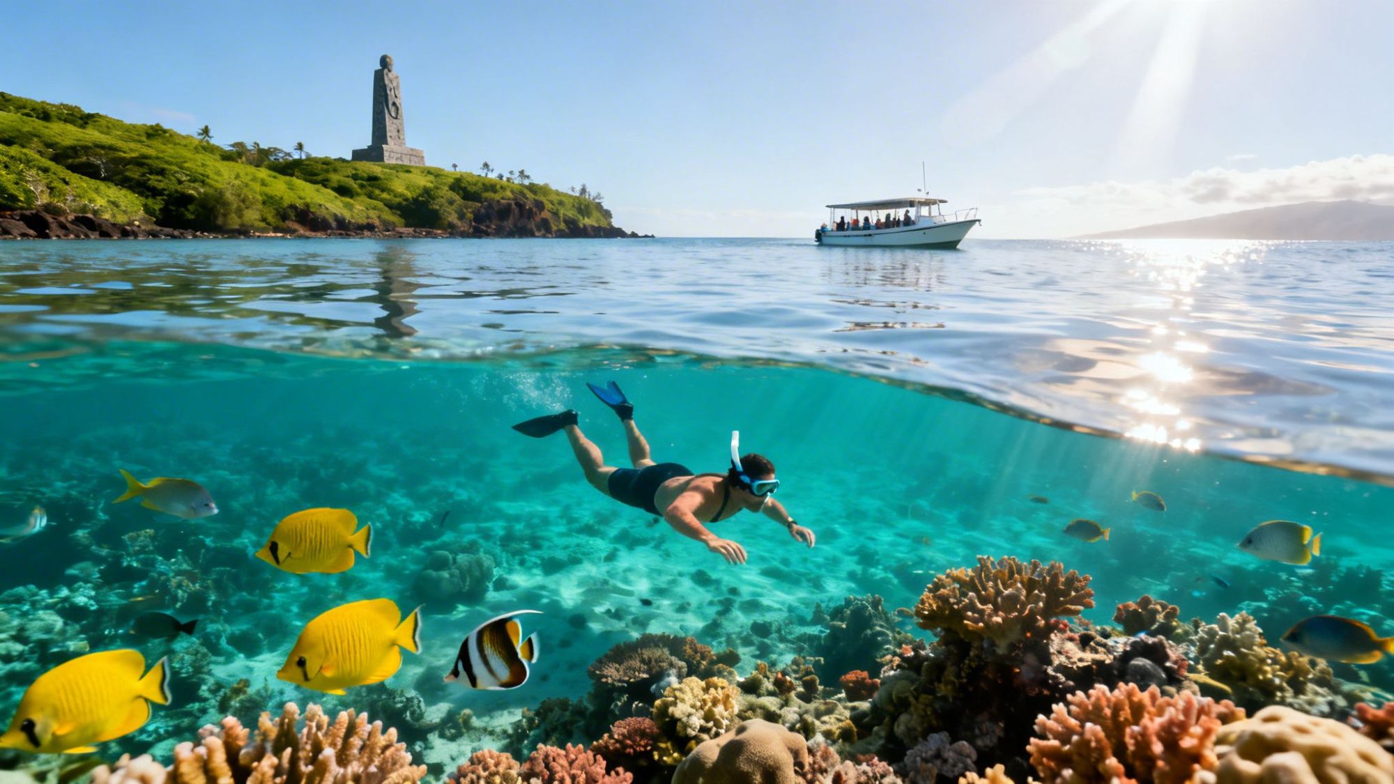 Snorkeler in clear water with colorful fish, boat above, statue and greenery in background.