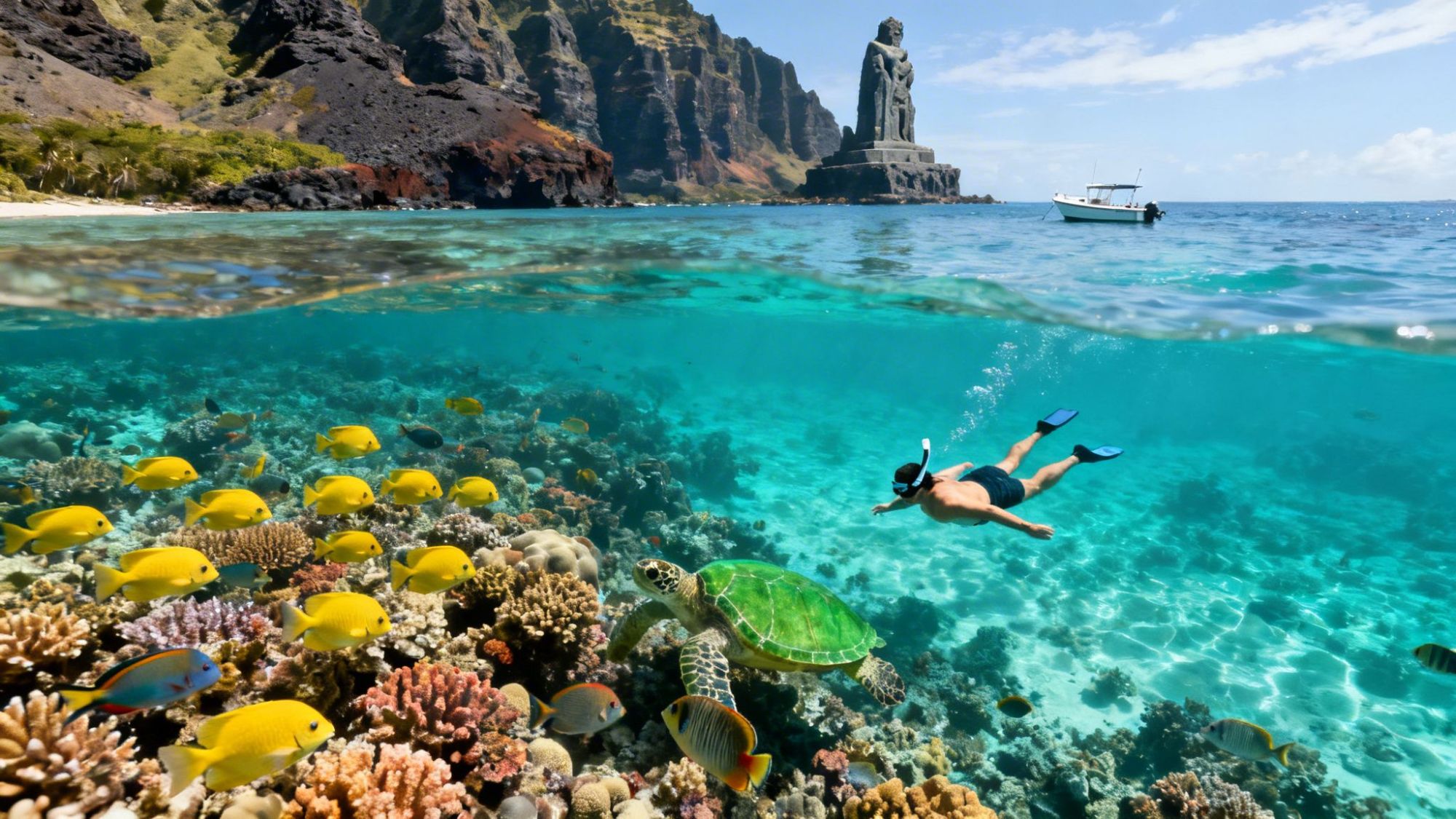 Snorkeler swimming near coral reef with fish and turtle, boat and rocky cliffs above water.
