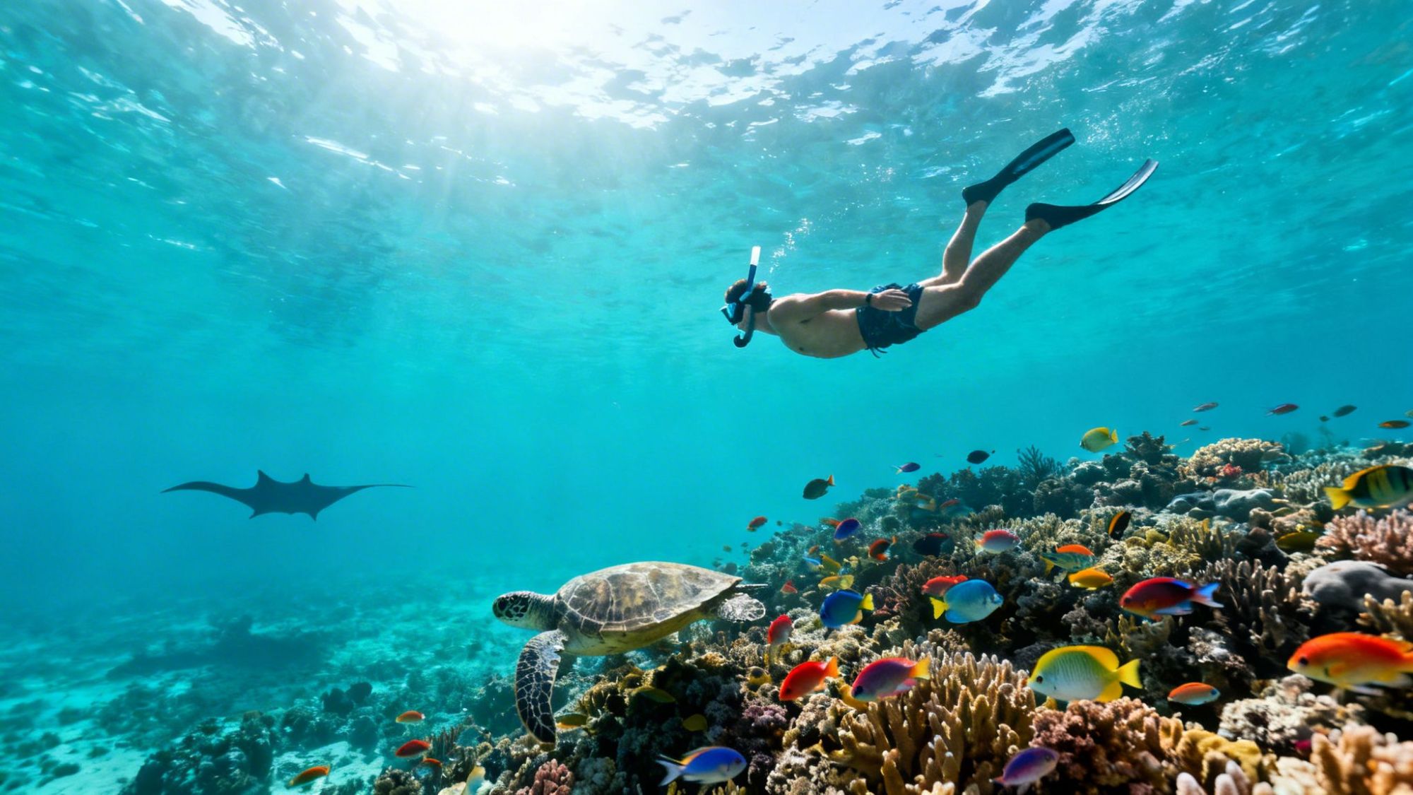 Snorkeler swims above colorful coral reef with fish, turtle, and manta ray in clear blue water.