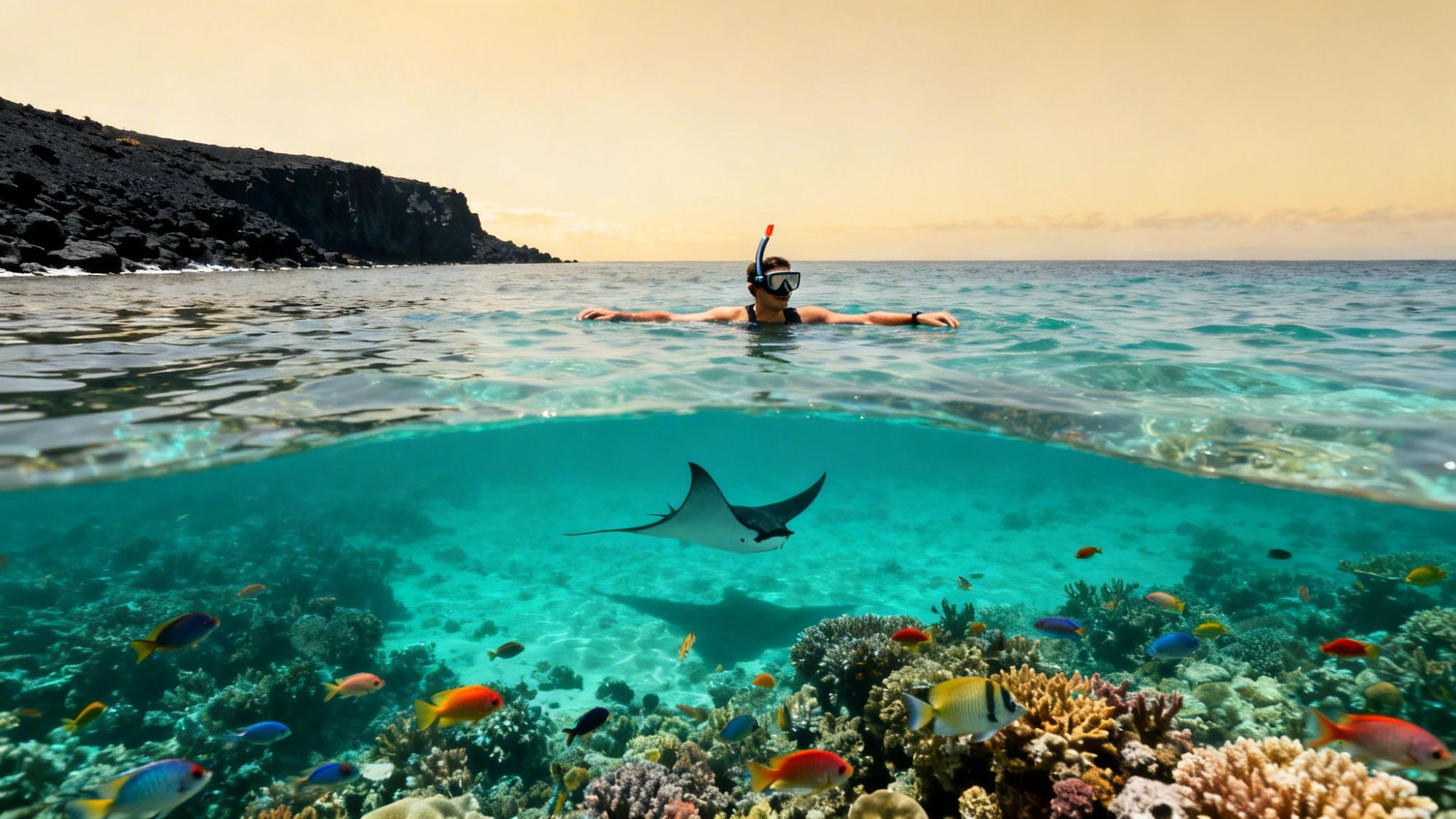 Snorkeler above water, manta ray and colorful fish below, near rocky coast.