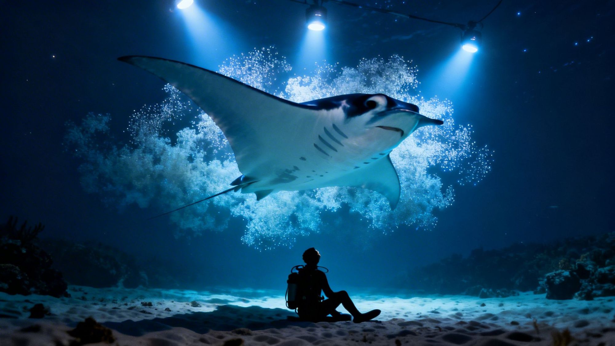 Diver sitting on ocean floor beneath large manta ray illuminated by overhead lights.