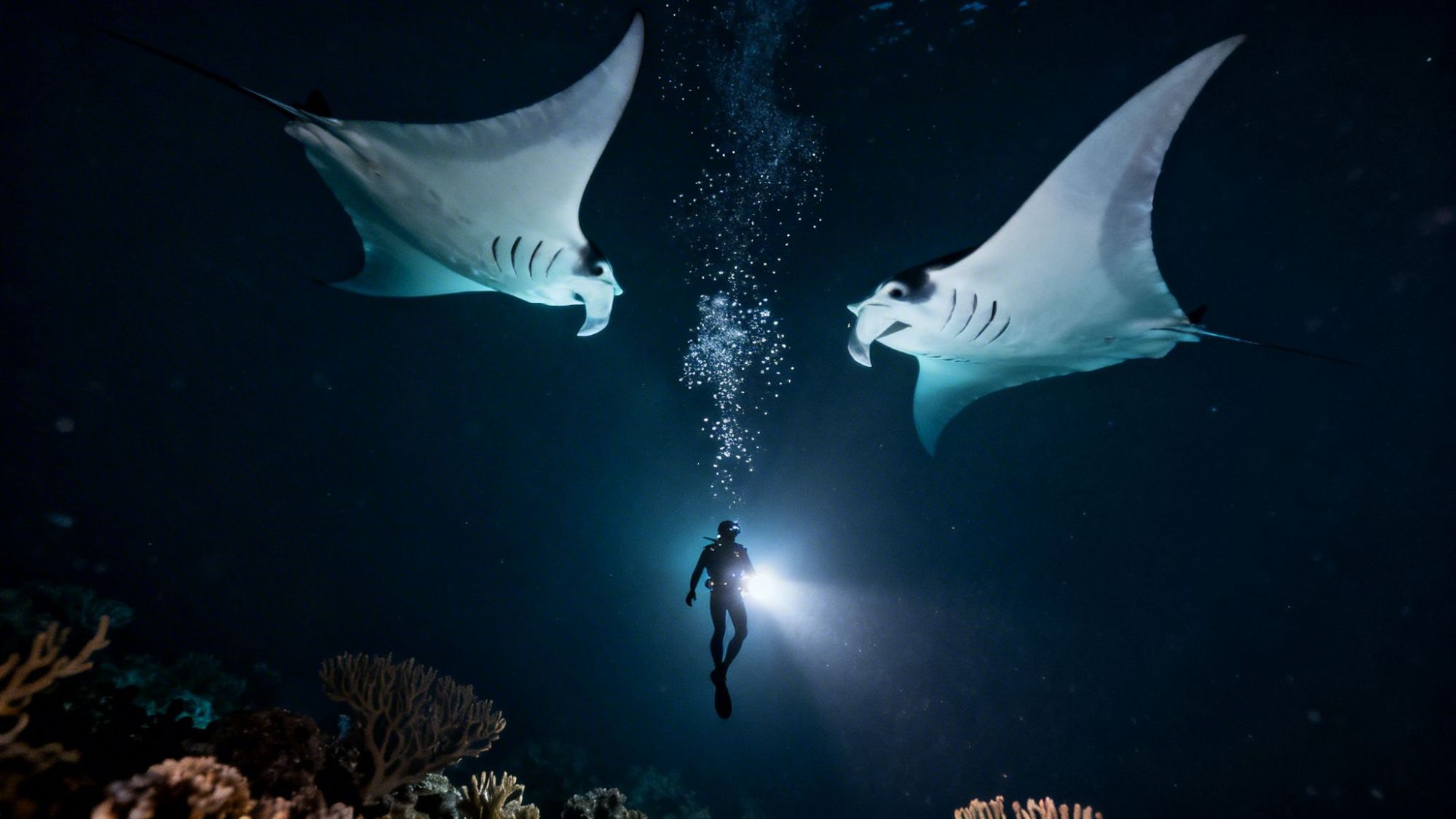 Diver with flashlight between two manta rays underwater at night.