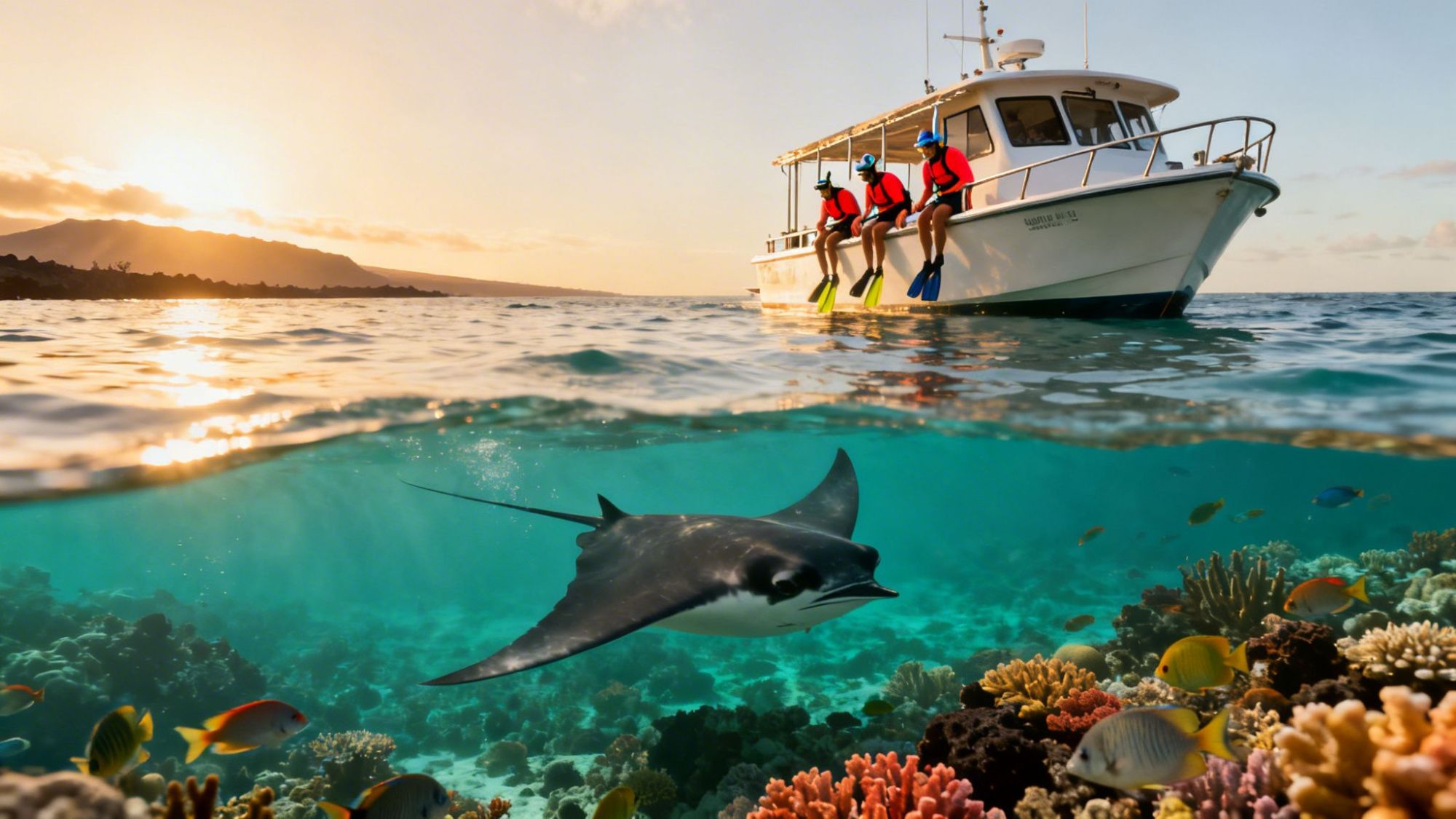 Split view of boat with snorkelers and manta ray swimming above coral reef at sunset.