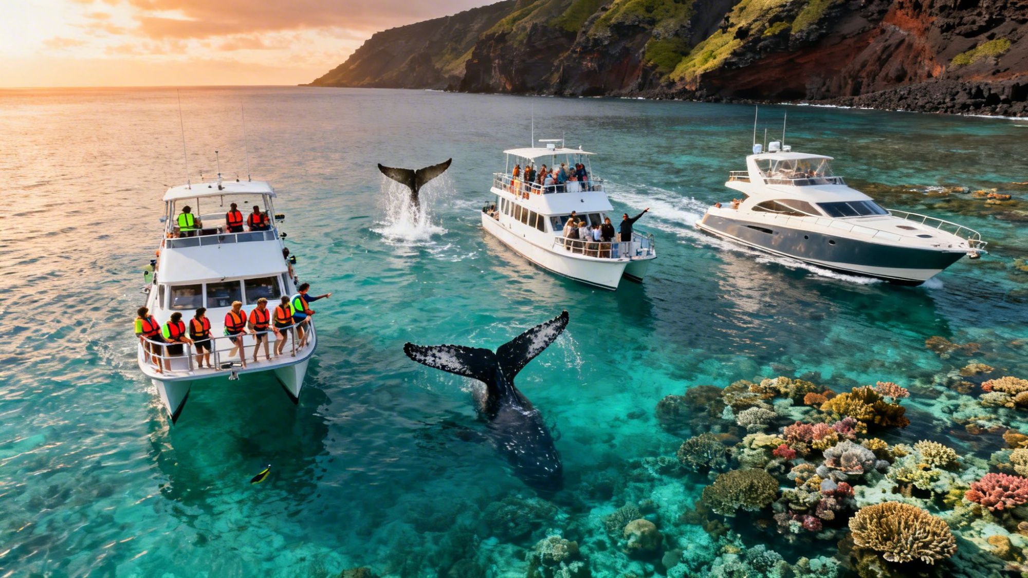Three boats with tourists watching whales near a coral reef at sunset.