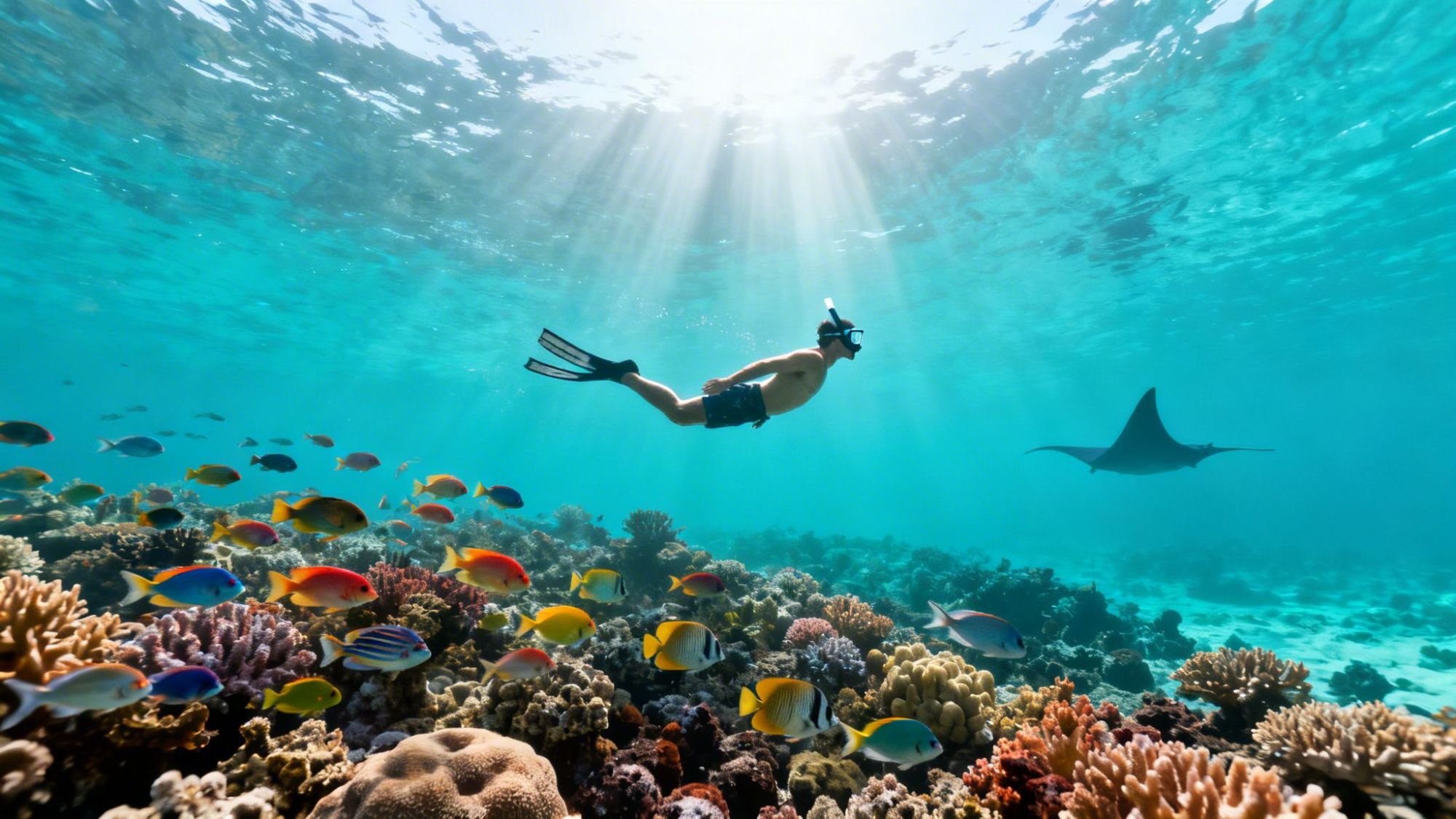 Snorkeler swimming above colorful coral reef, with tropical fish and a manta ray in clear blue water.
