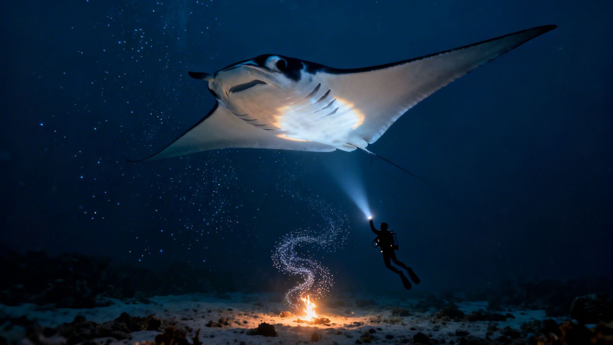 Diver with flashlight below a manta ray at night, with bubbles rising and ocean floor visible.