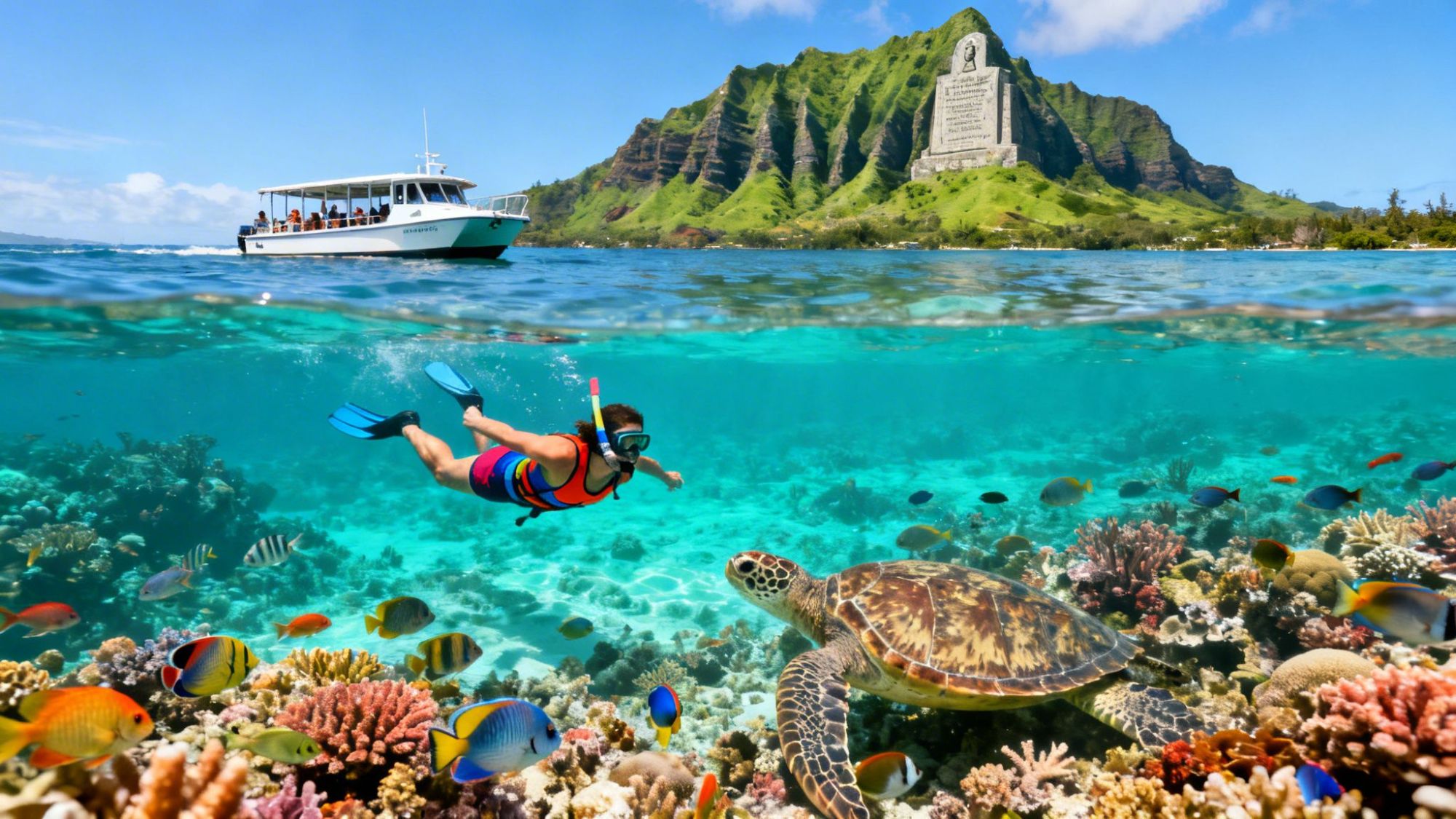 Snorkeler with sea turtle in coral reef, boat above, lush mountain in background.