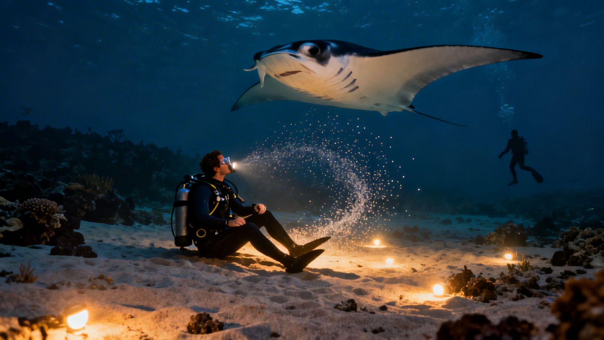 Diver seated on ocean floor, blowing bubbles towards manta ray, surrounded by sea life and lights.