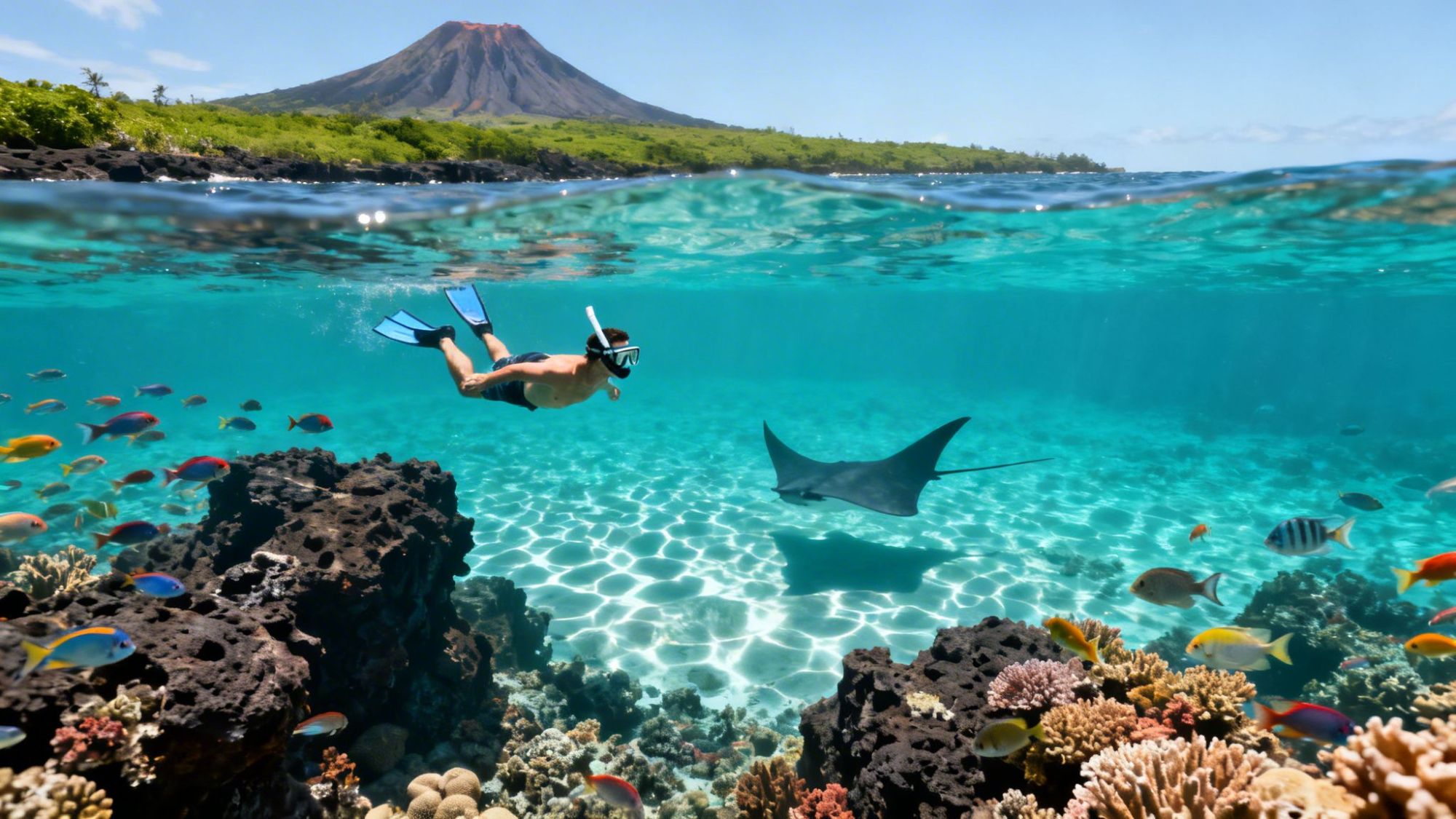 Person snorkeling above a manta ray in clear water, colorful fish and coral, with a volcano in the background.