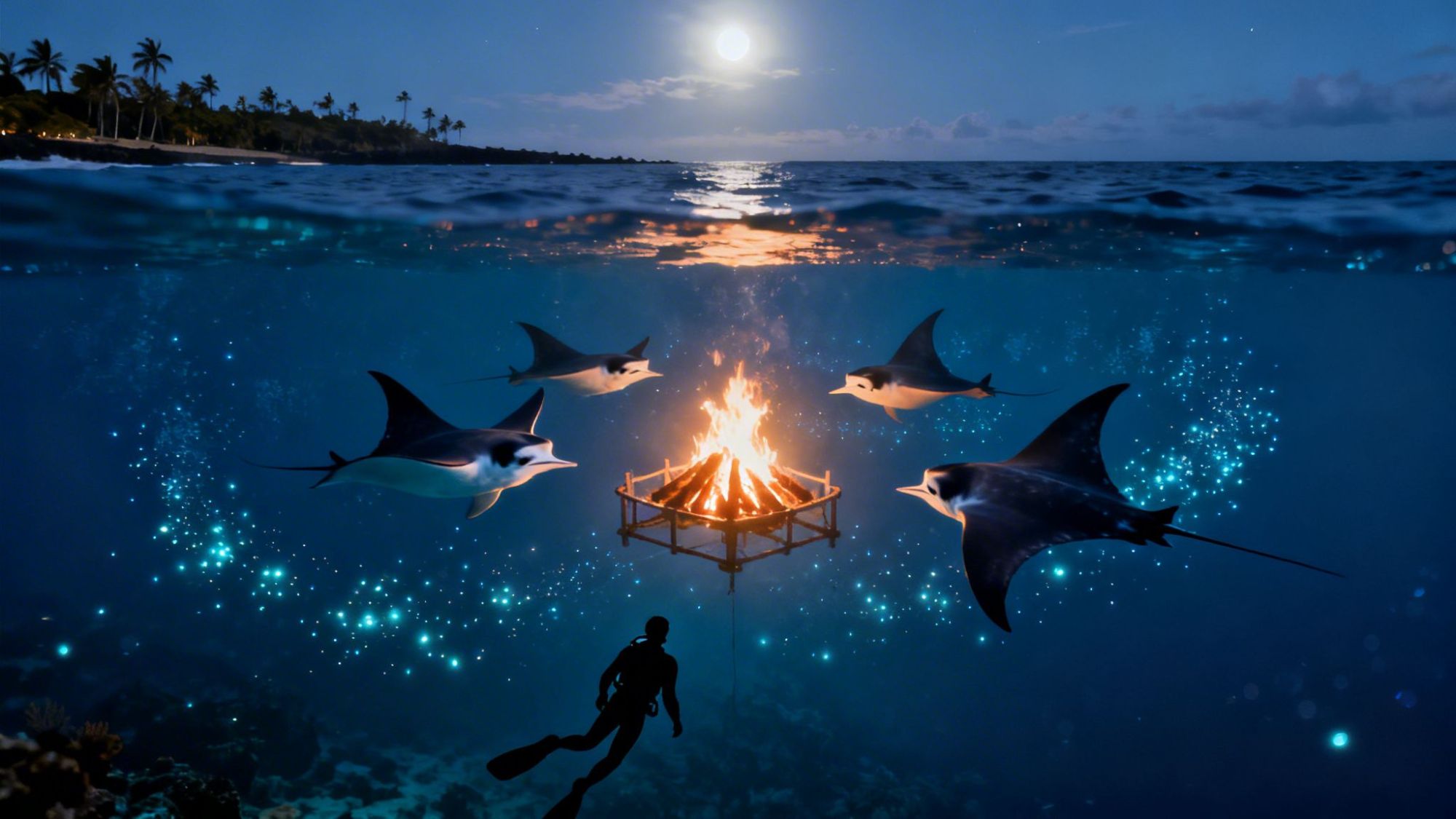 Underwater scene with manta rays circling a suspended fire at night, diver nearby, stars and palm trees above.