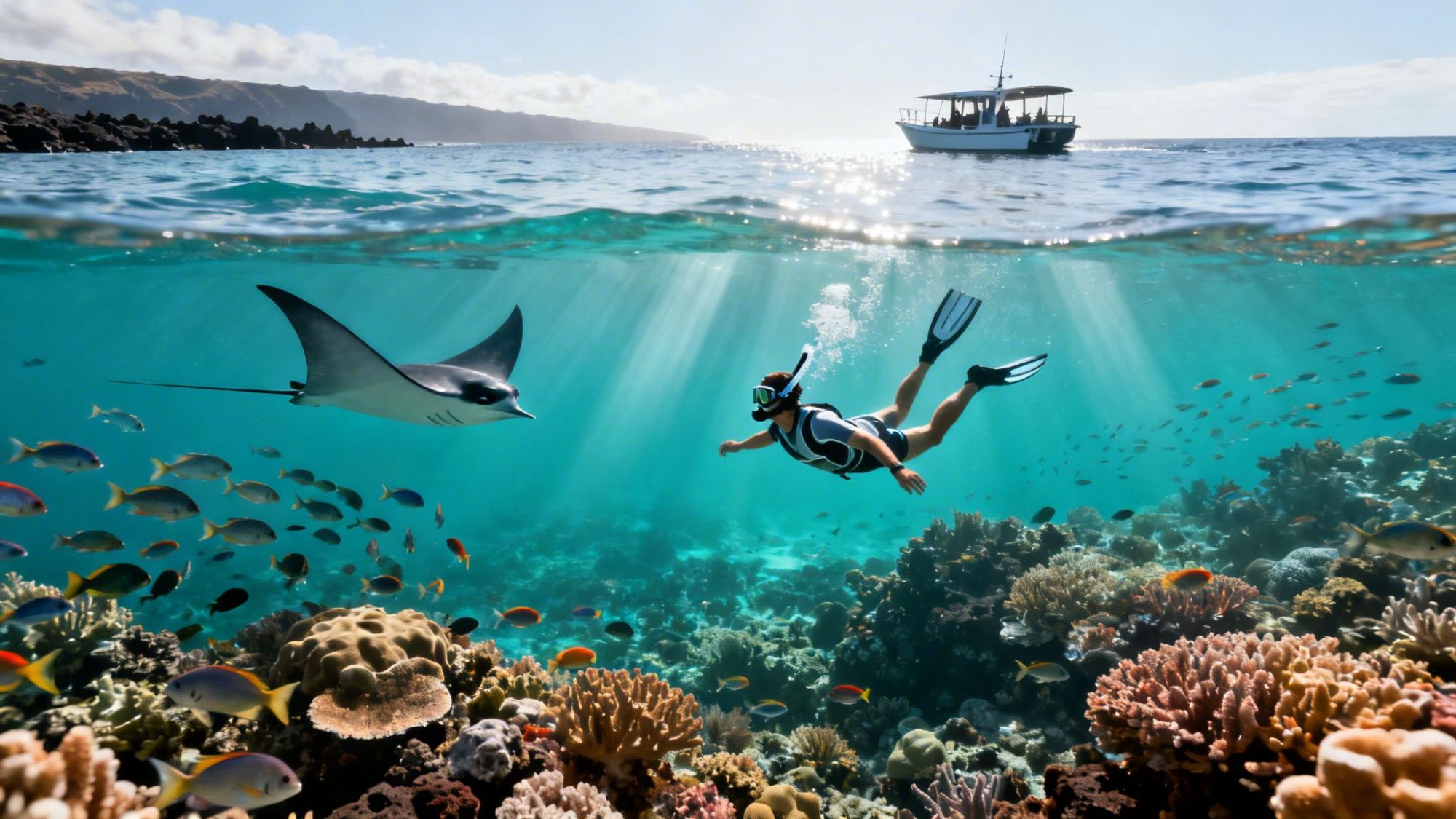 Snorkeler swimming near coral reef with fish and manta ray, boat in background.