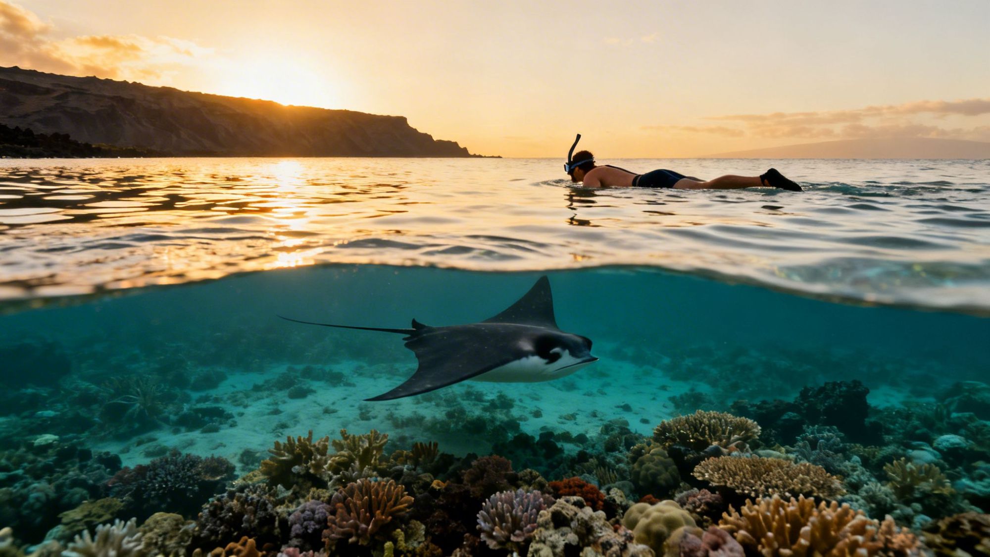 Snorkeler above coral reef with a stingray underwater, sunset in the background.