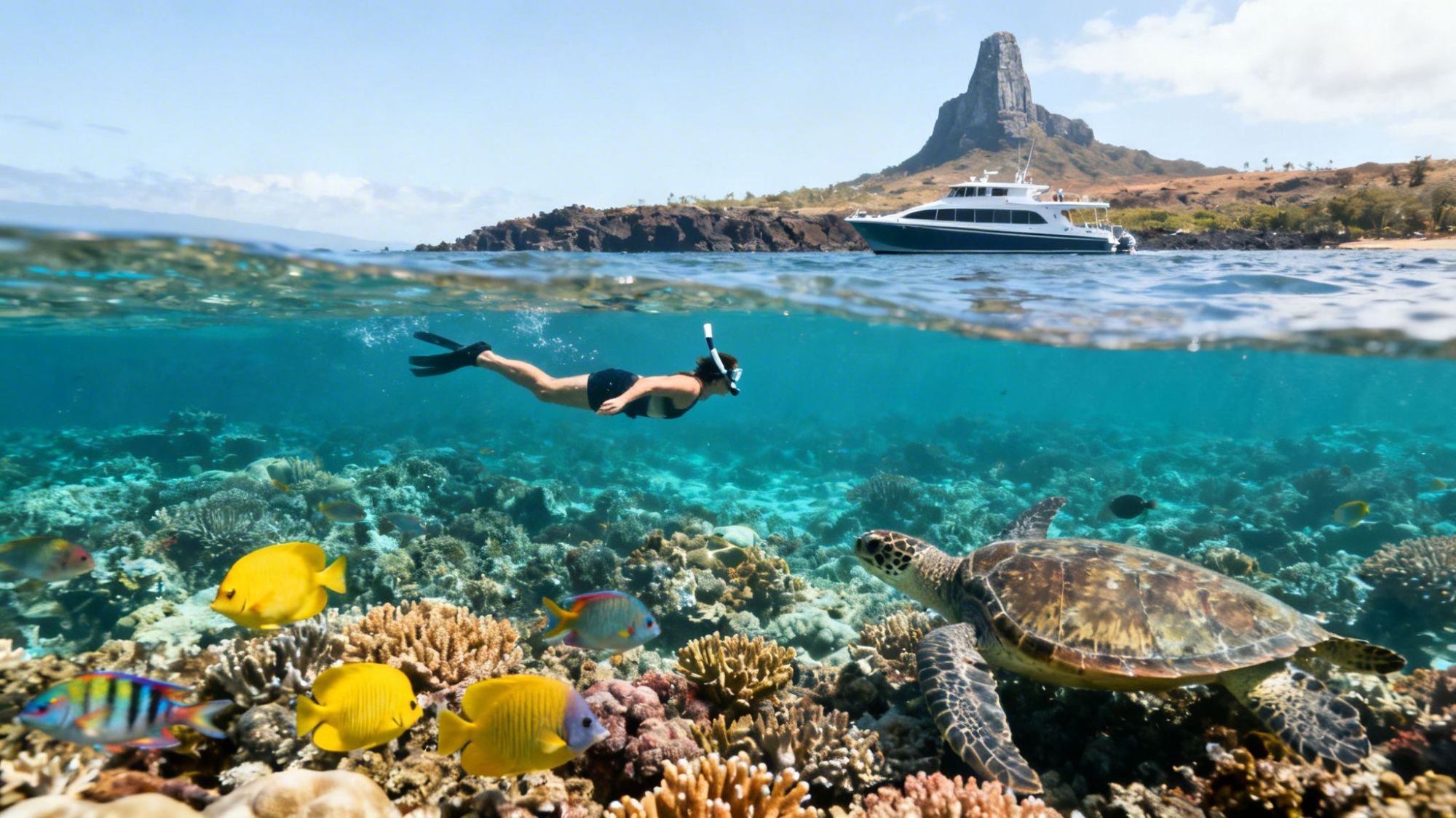 Snorkeler swimming over coral reef with colorful fish and sea turtle, boat in background.