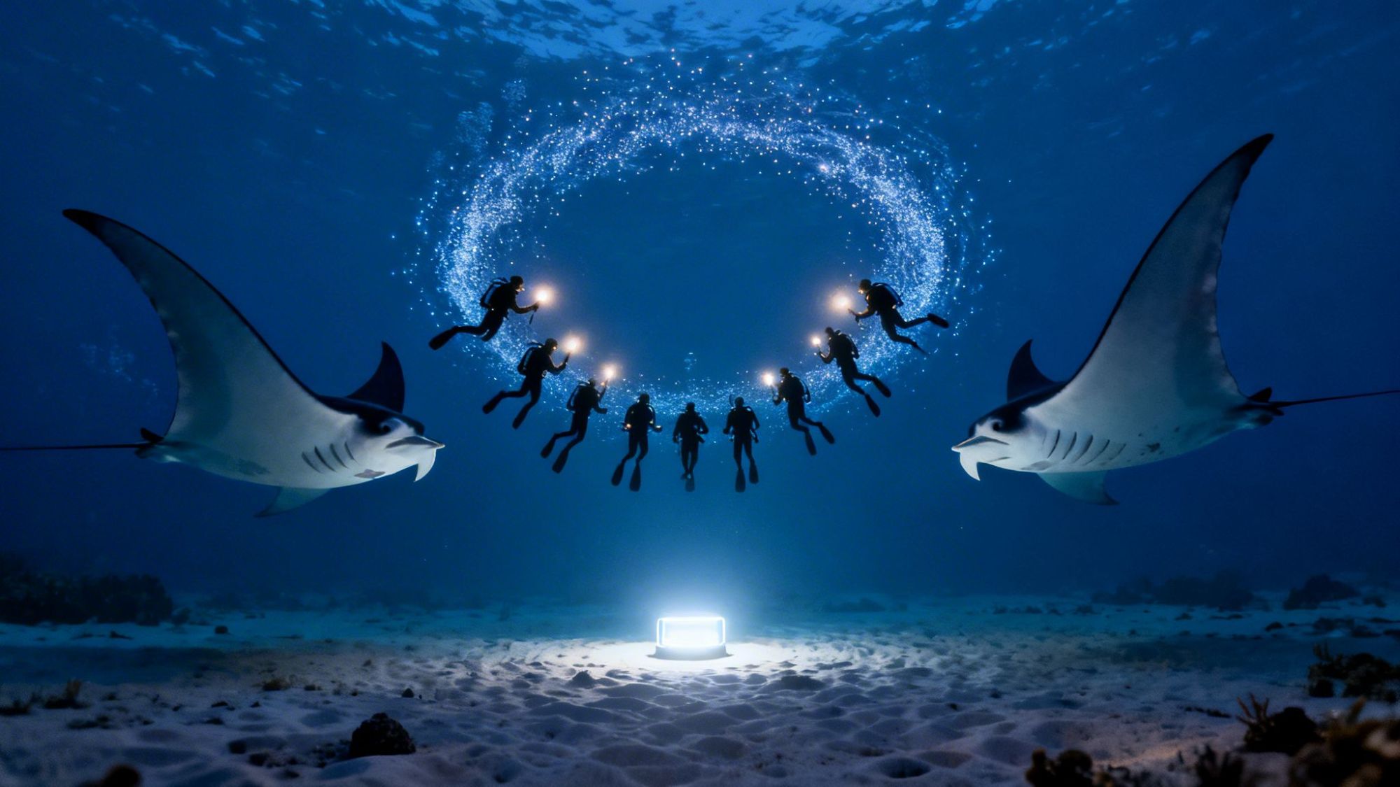 Divers with lights swim in a circle between two manta rays in an illuminated underwater scene.