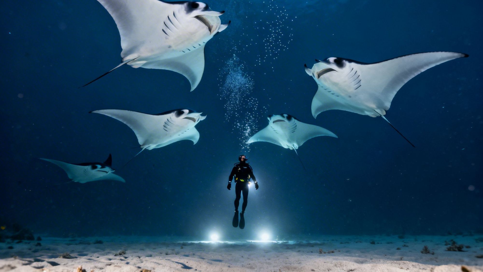 Scuba diver underwater surrounded by five manta rays swimming in formation.