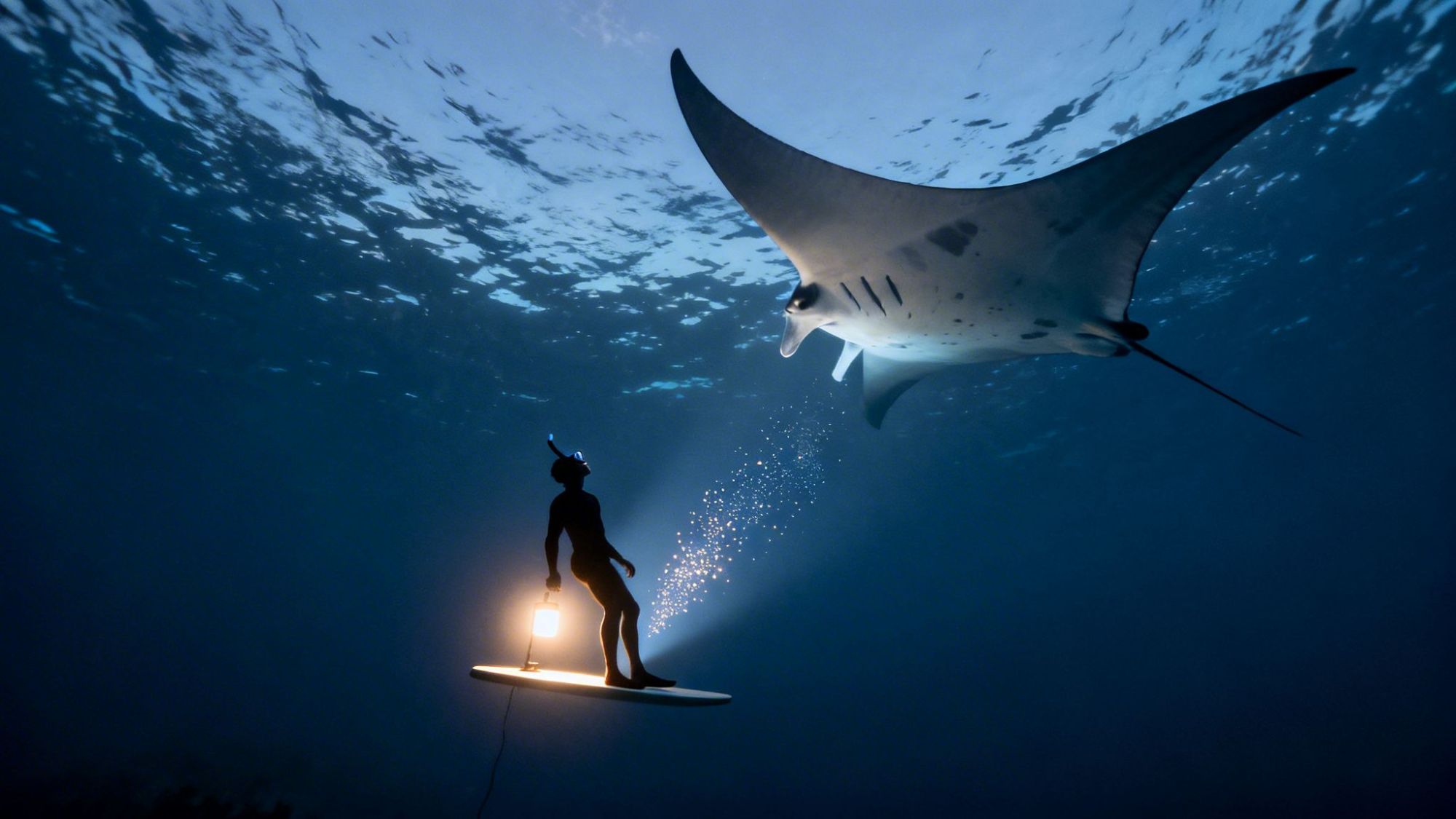Diver holding a light while observing a large manta ray underwater.