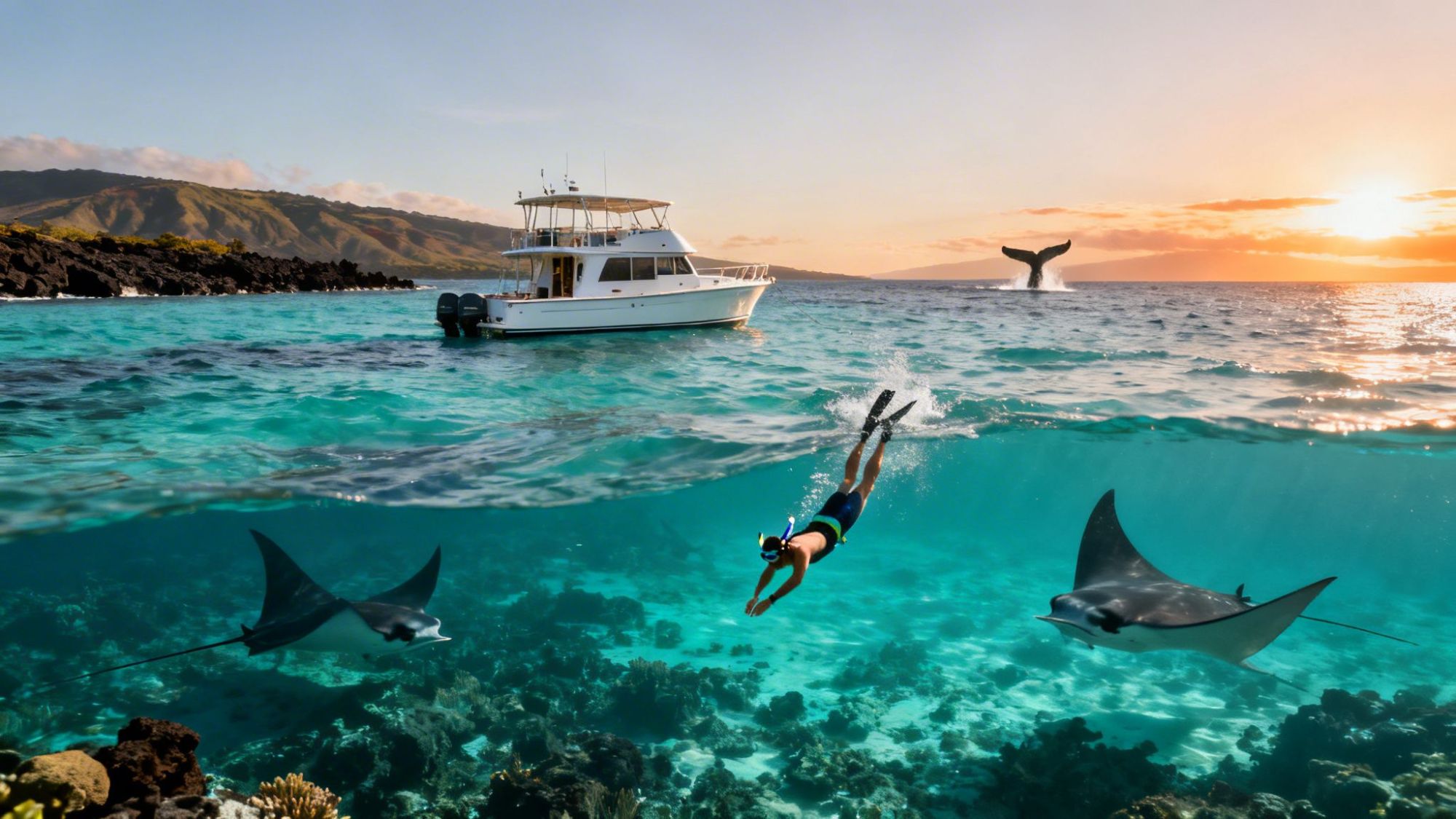 Snorkeler dives near manta rays, a boat, and whale tail at sunset over turquoise water.