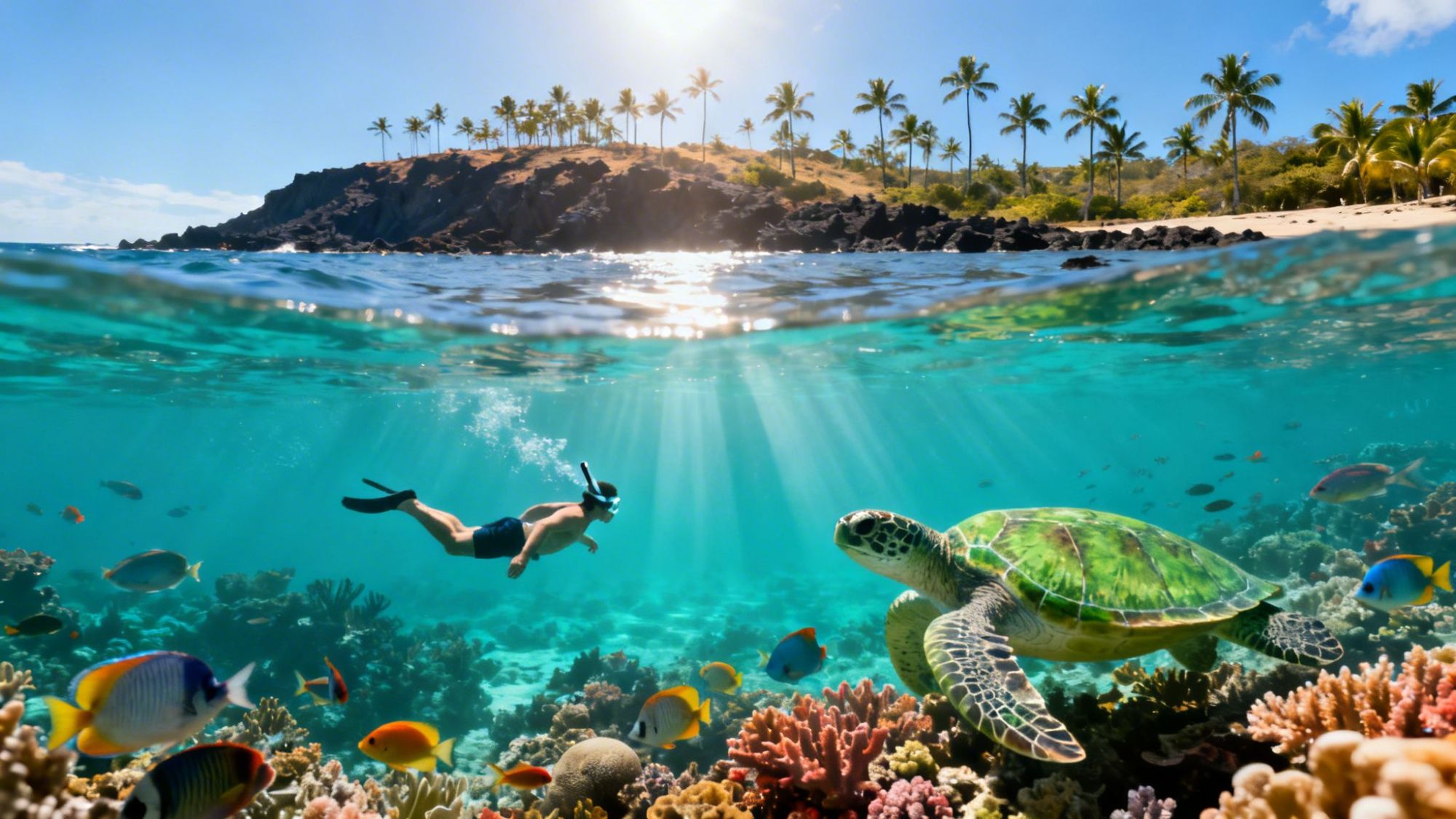 Snorkeler and sea turtle underwater with coral reef and tropical beach in background.