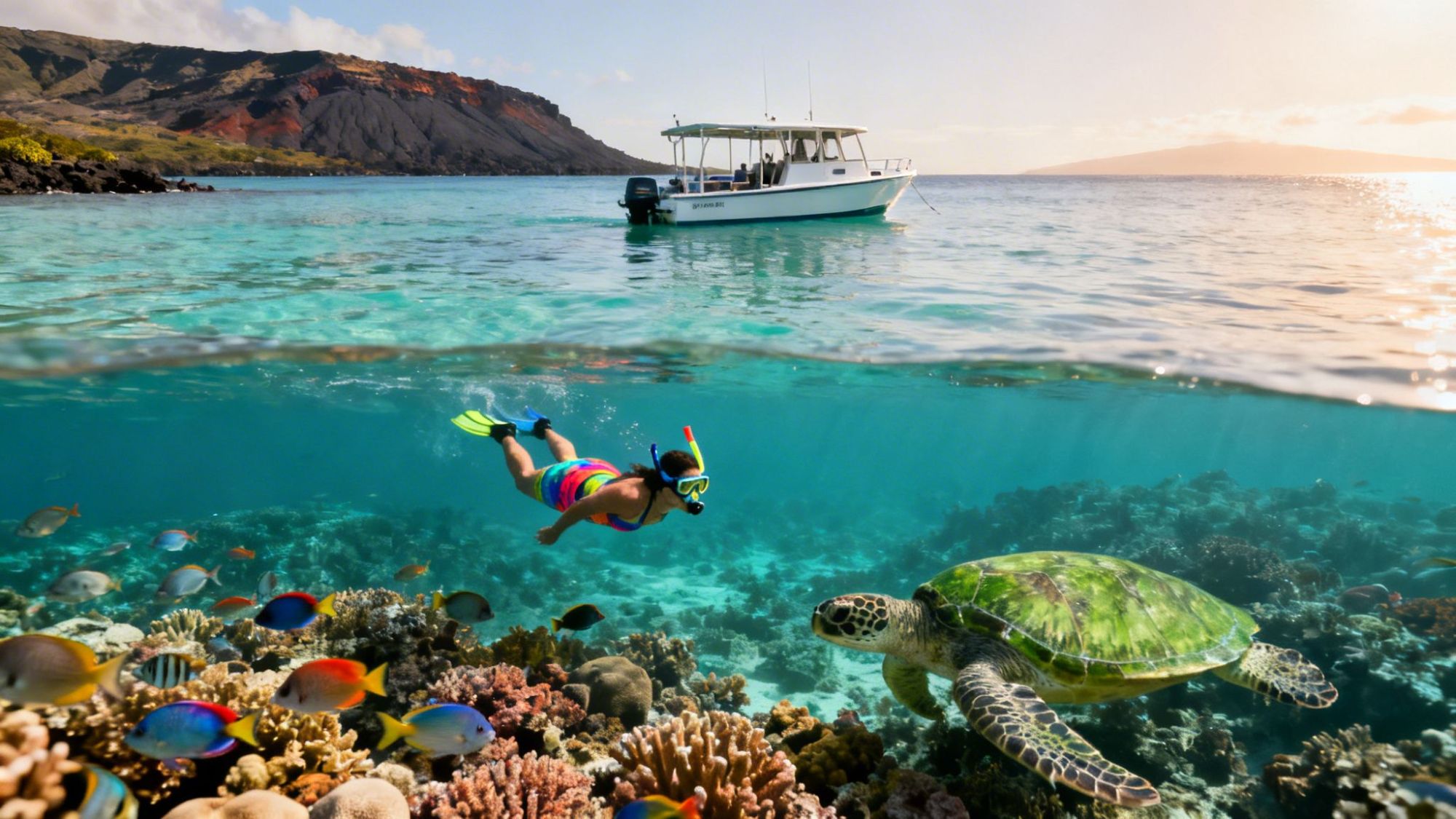 Person snorkeling near a sea turtle and colorful fish, with a boat on turquoise water and rocky cliffs in the background.