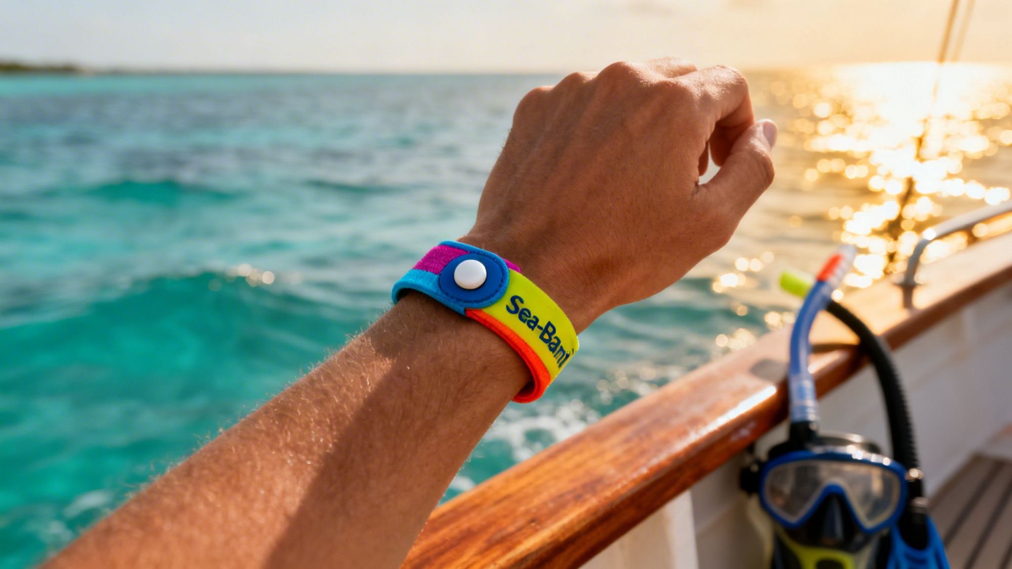 Person wearing colorful wristband on boat with snorkeling gear, ocean and sunset in background.