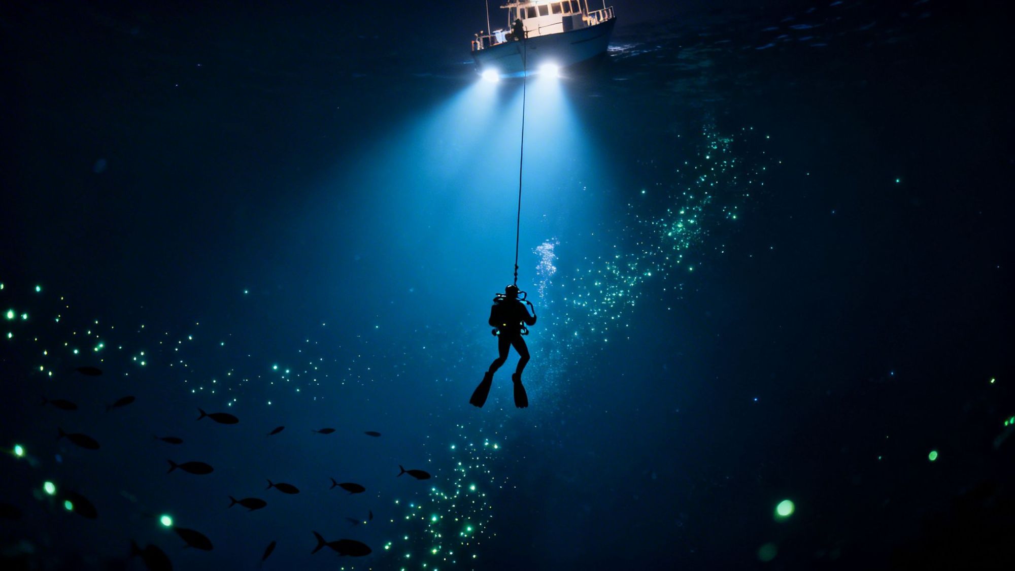 Diver suspended below illuminated boat, surrounded by bioluminescent sea life in deep ocean.