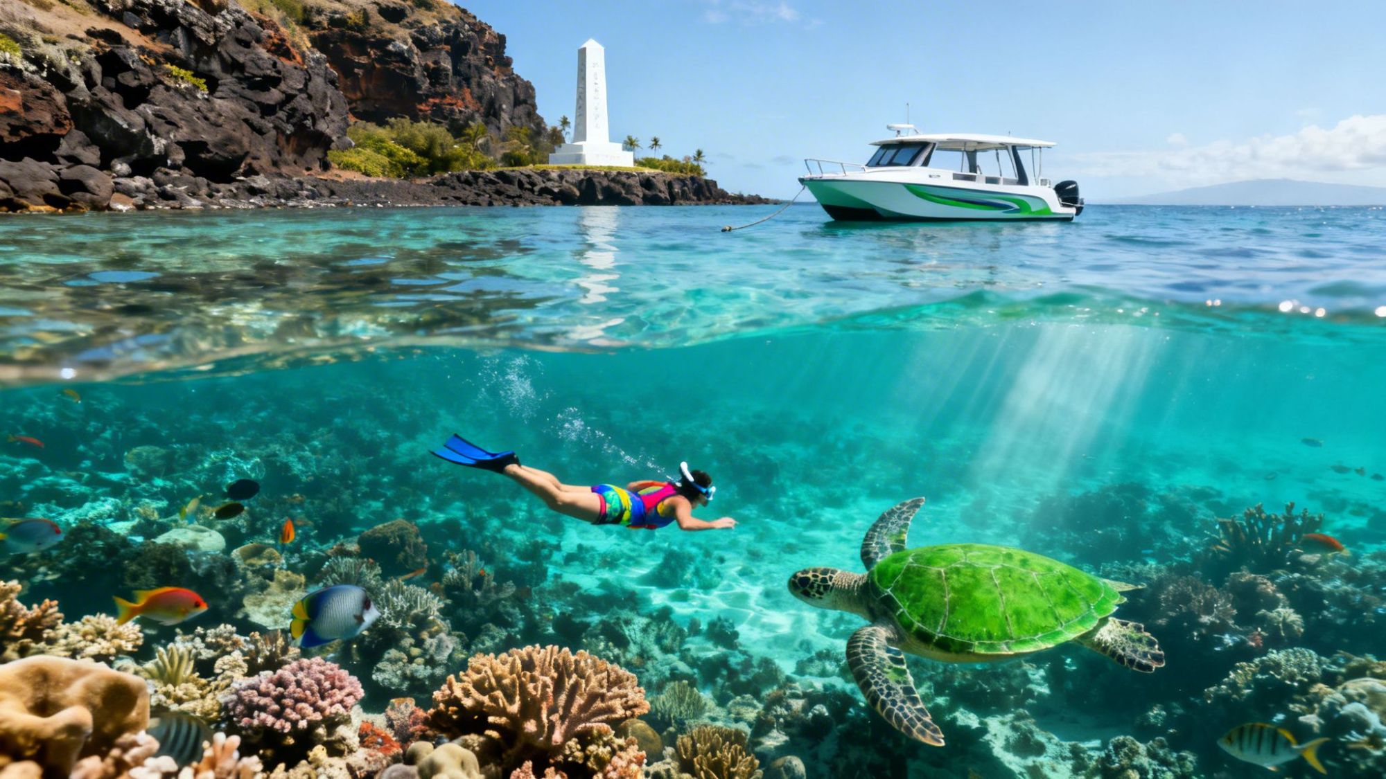 Snorkeler swims with turtle above coral reef; boat and monument visible on water's surface.