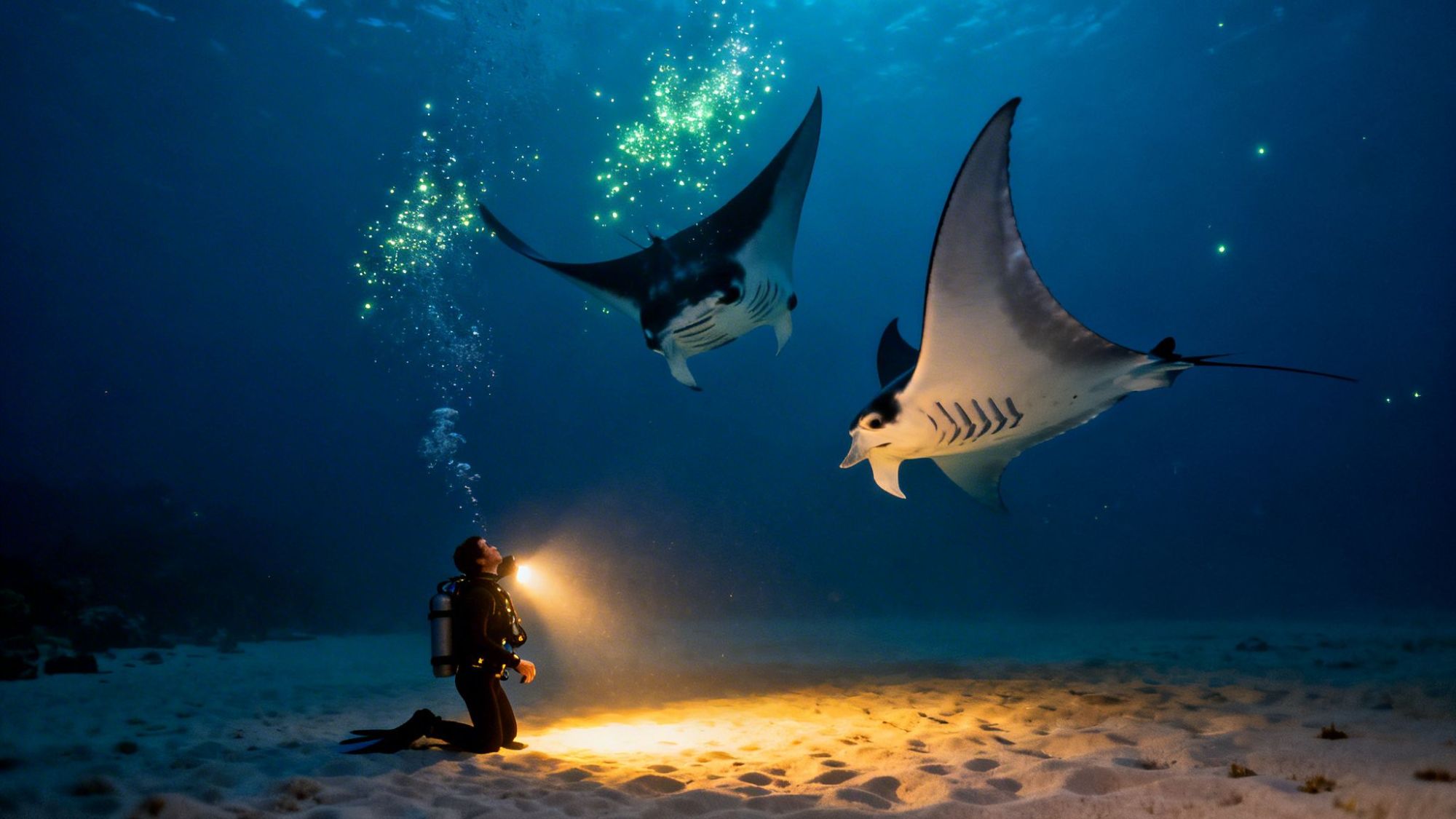 Scuba diver with flashlight observing two manta rays underwater at night.