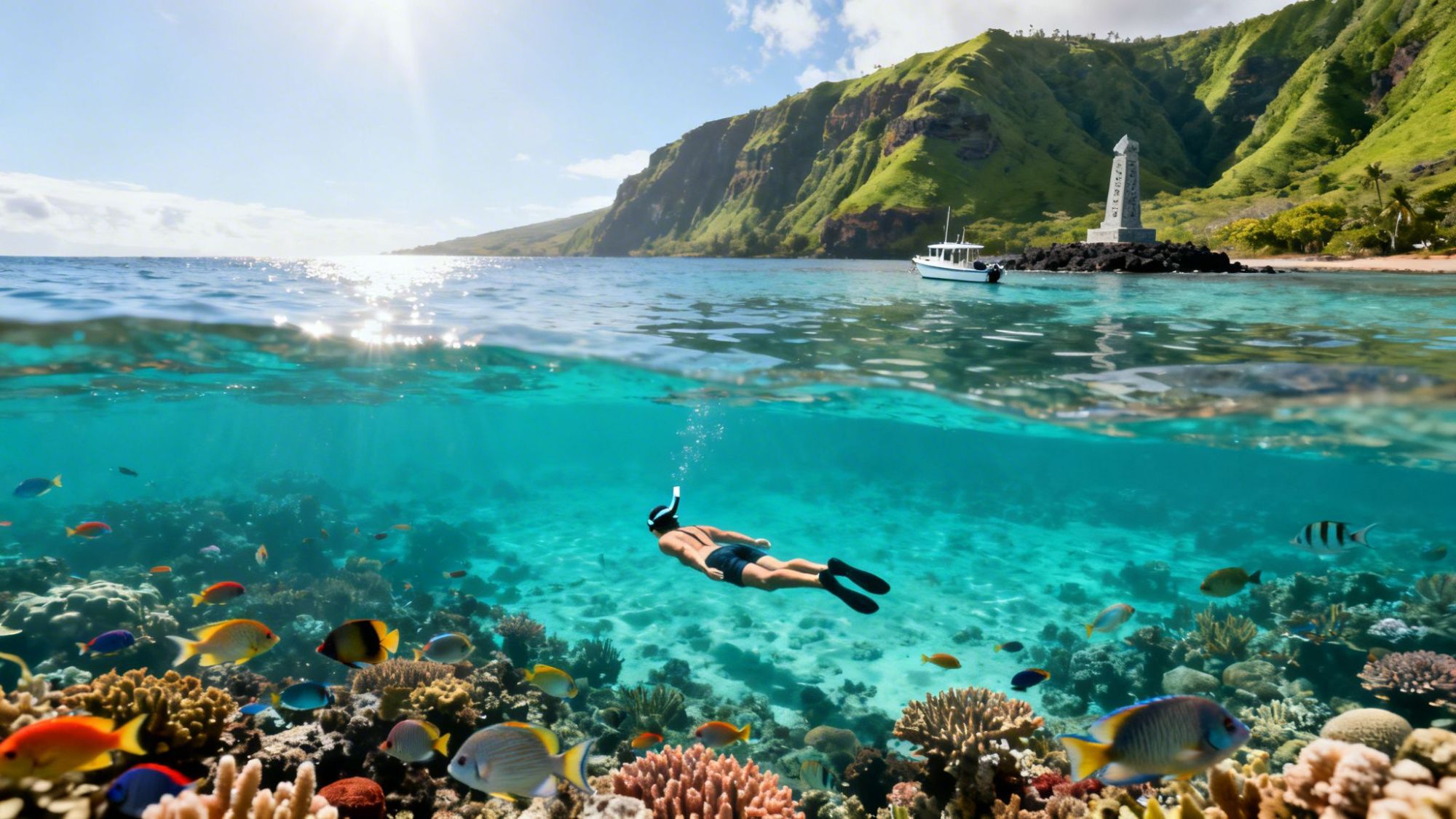 Person snorkeling over coral reef with colorful fish, boat, and green mountains in background.