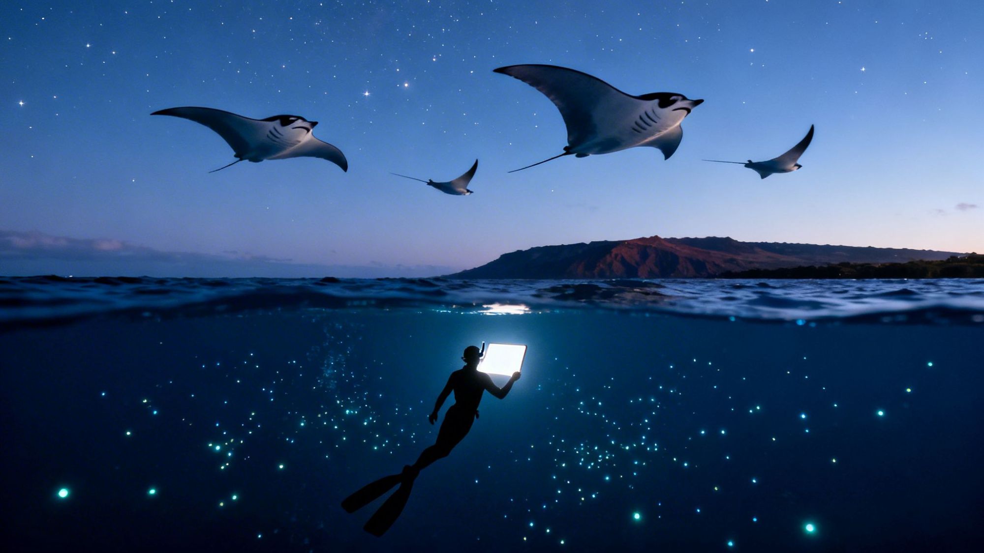 Diver with tablet underwater, manta rays above, starlit sky in background.