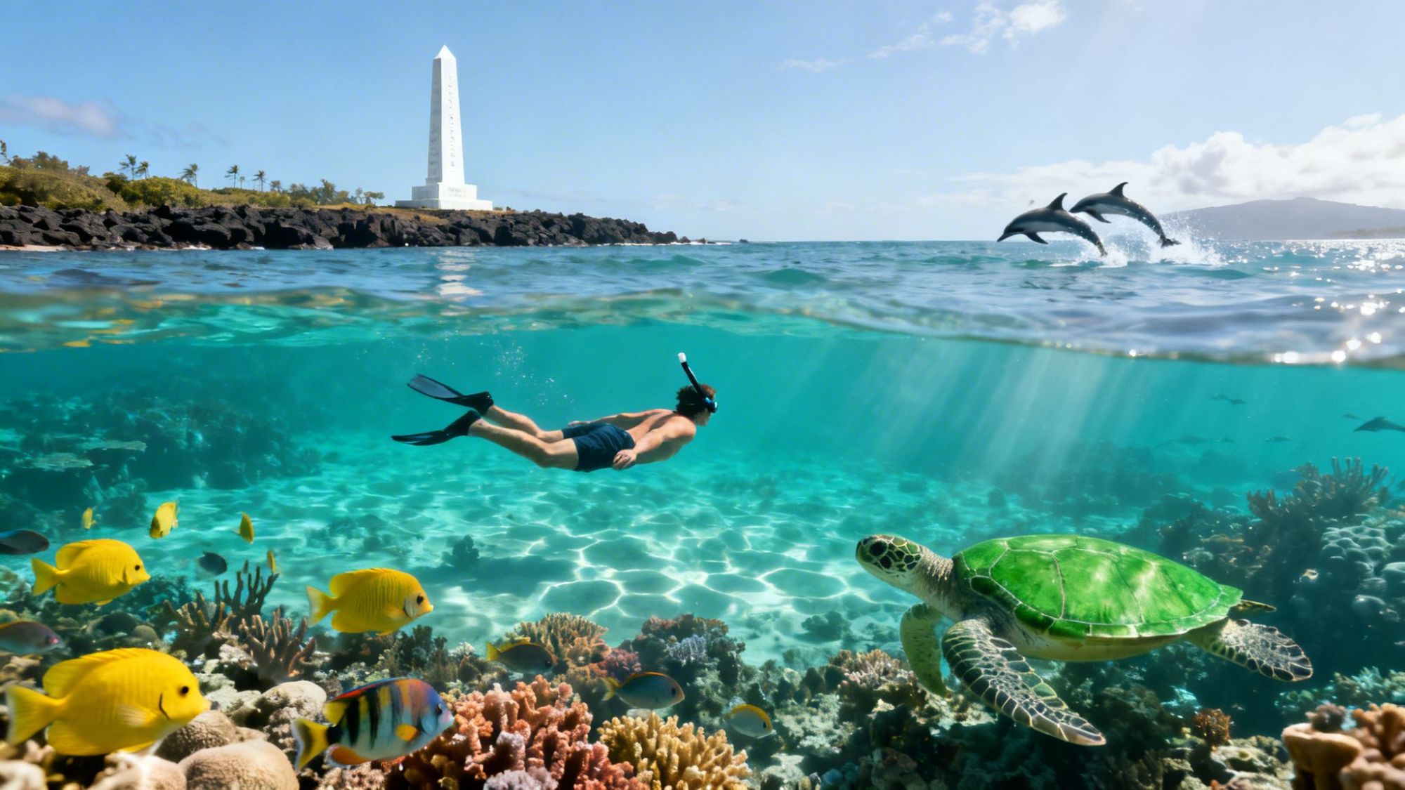 Snorkeler near a turtle and fish underwater; dolphins jump above; white obelisk on shore in background.