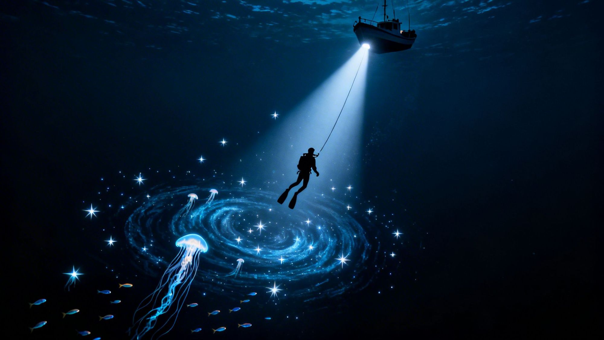 Diver suspended by rope under boat, surrounded by glowing jellyfish and sea life in dark ocean.
