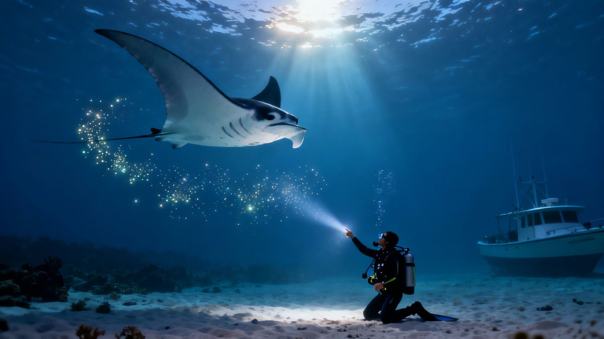 Diver shines flashlight on manta ray underwater with boat in background in glowing water.