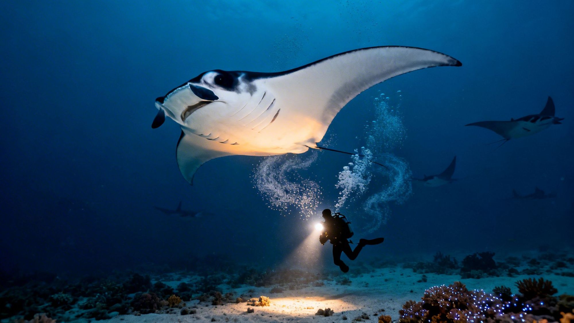 Scuba diver with a flashlight swimming near a large manta ray underwater.